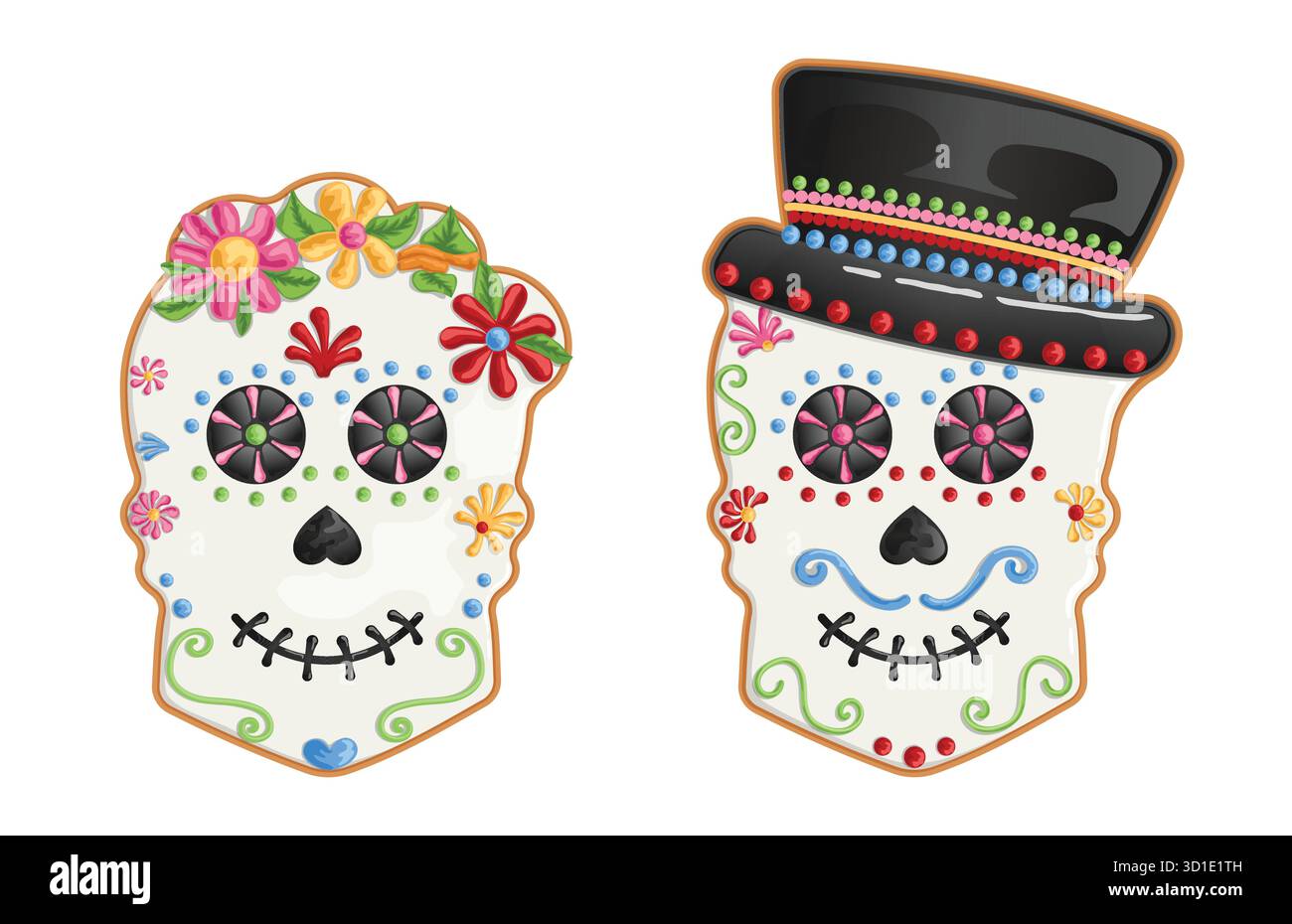 Calavera Sugar Skull couple cookies décorés avec couronne de fleurs et Top Hat glaçage coloré - gâteries mexicaines Day of the Dead Illustration de Vecteur