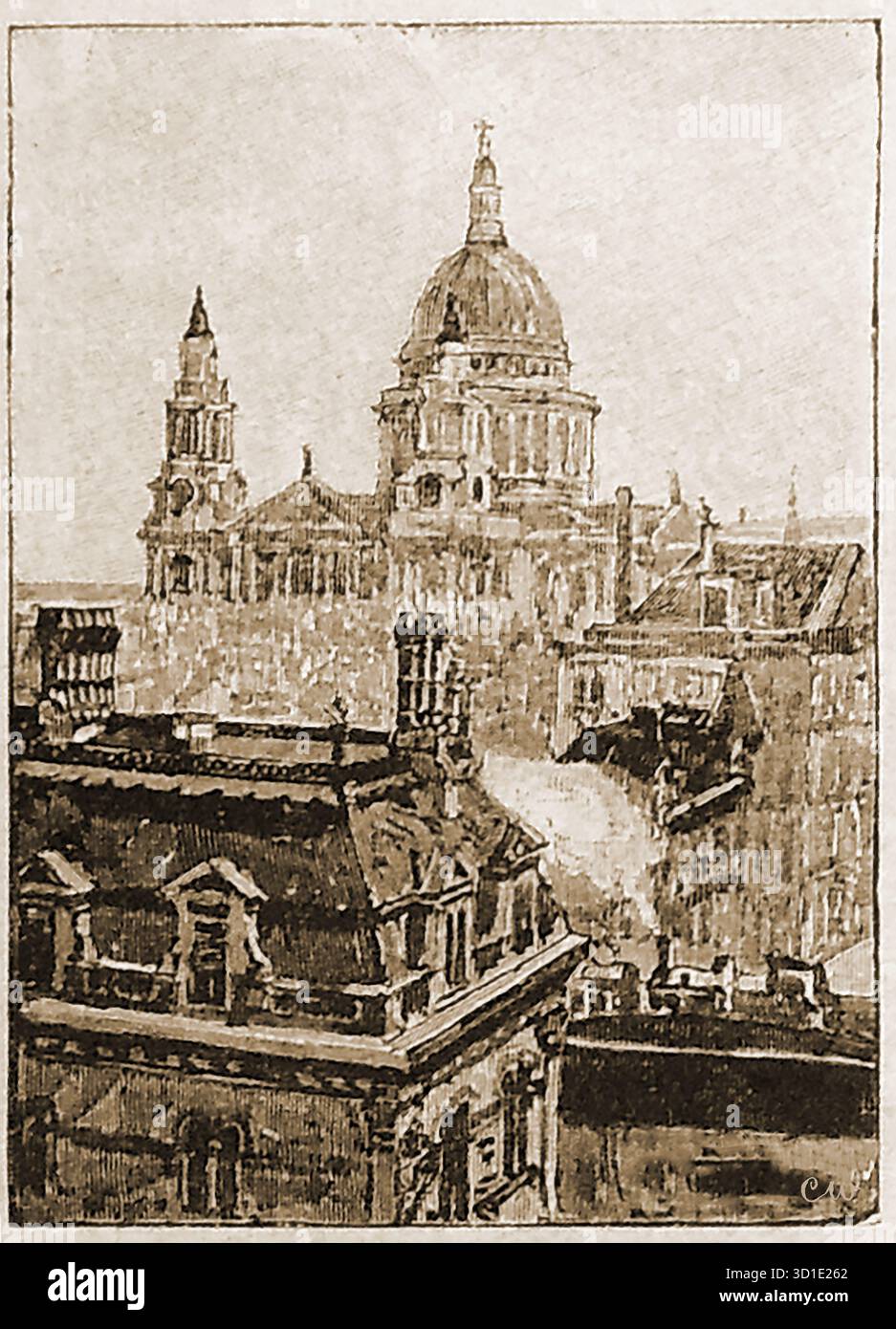 Une vue de 1897 de la cathédrale Saint-Paul sur les toits de Londres, un train à vapeur peut être vu en bas à droite Banque D'Images