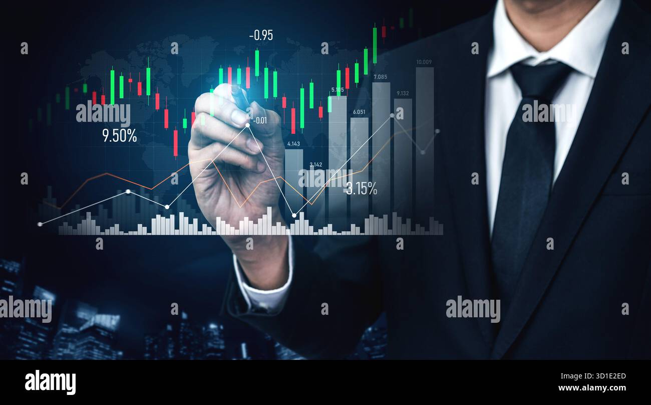Un homme d'affaires interagit avec les graphiques numériques et les tendances du marché boursier, illustrant l'analyse financière et les stratégies d'investissement dans une entreprise moderne en Banque D'Images
