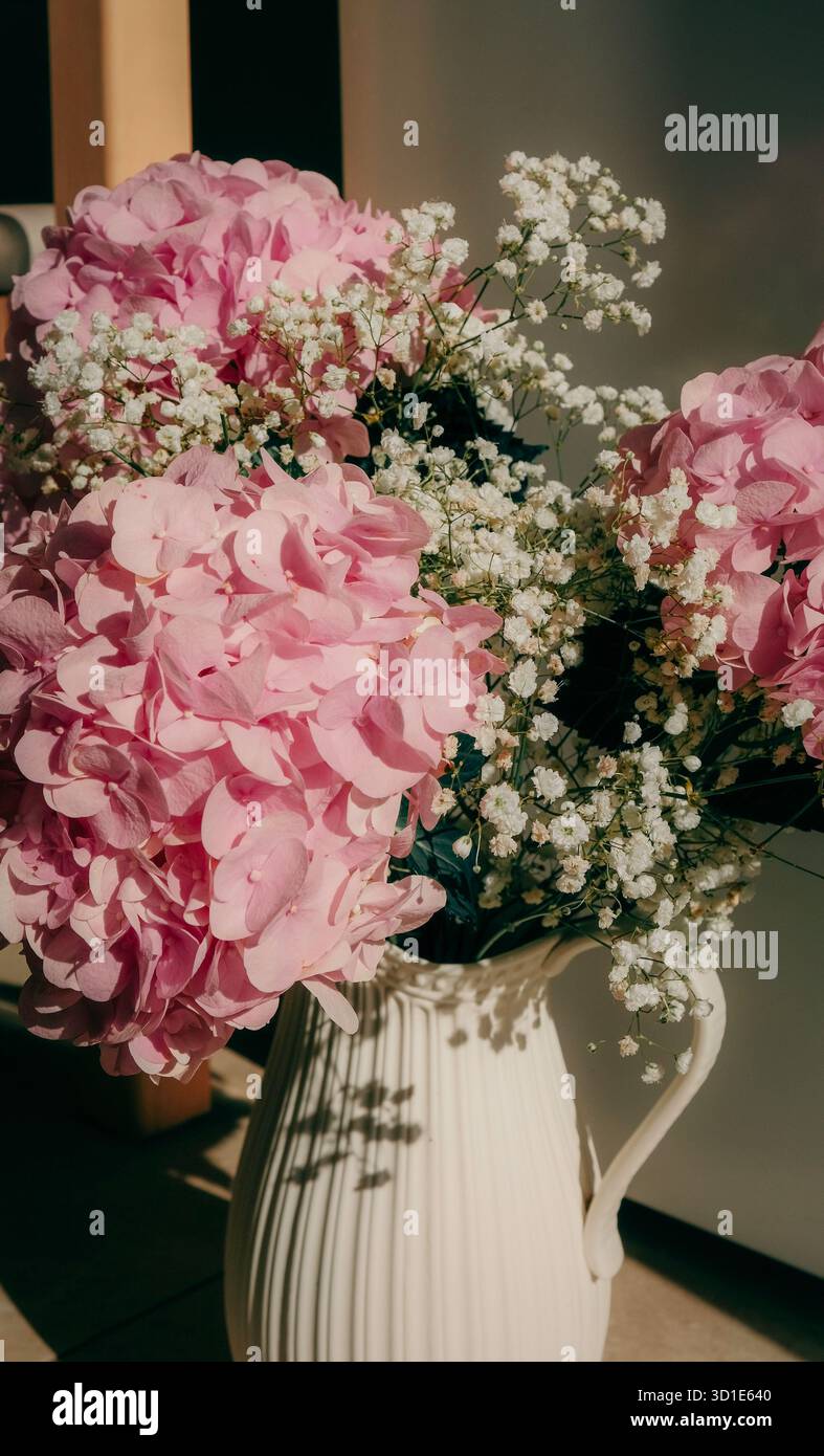 Élégant bouquet d'hortensia rose et de fleurs blanches du souffle de bébé disposées dans une cruche en céramique crème sous la lumière naturelle douce du soleil Banque D'Images