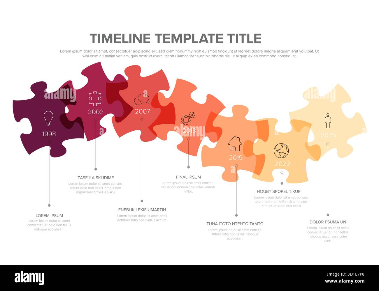 Modèle de chronologie avec un design de puzzle créatif. Chaque pièce de puzzle représente un jalon avec une année et une icône associées, parfait pour vi Illustration de Vecteur