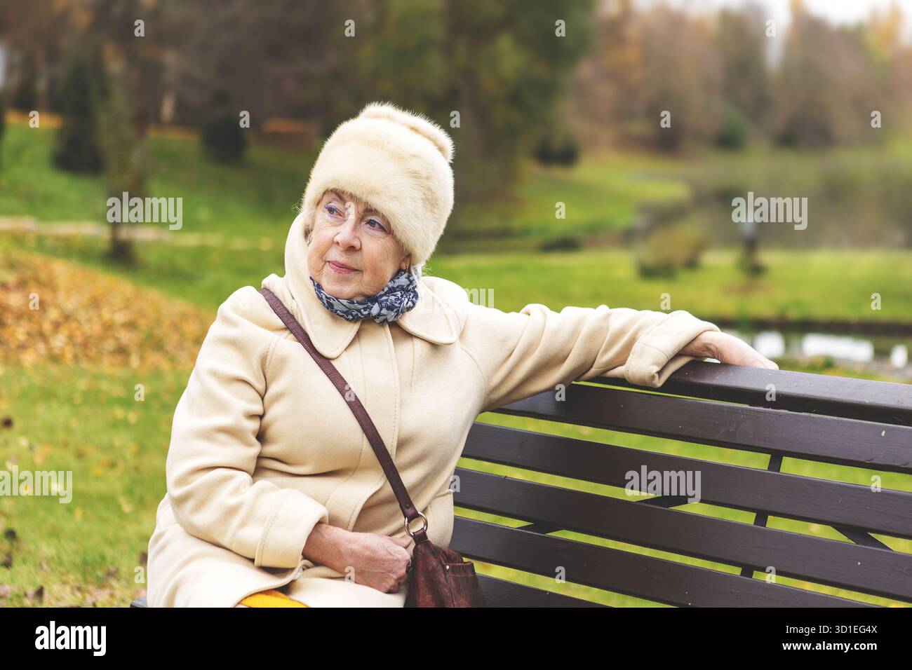 Femme aînée réfléchie assise sur le banc du parc entouré par la nature automnale. Femme âgée appréciant le vieillissement en plein air, paisible et la beauté naturelle à l'automne Banque D'Images