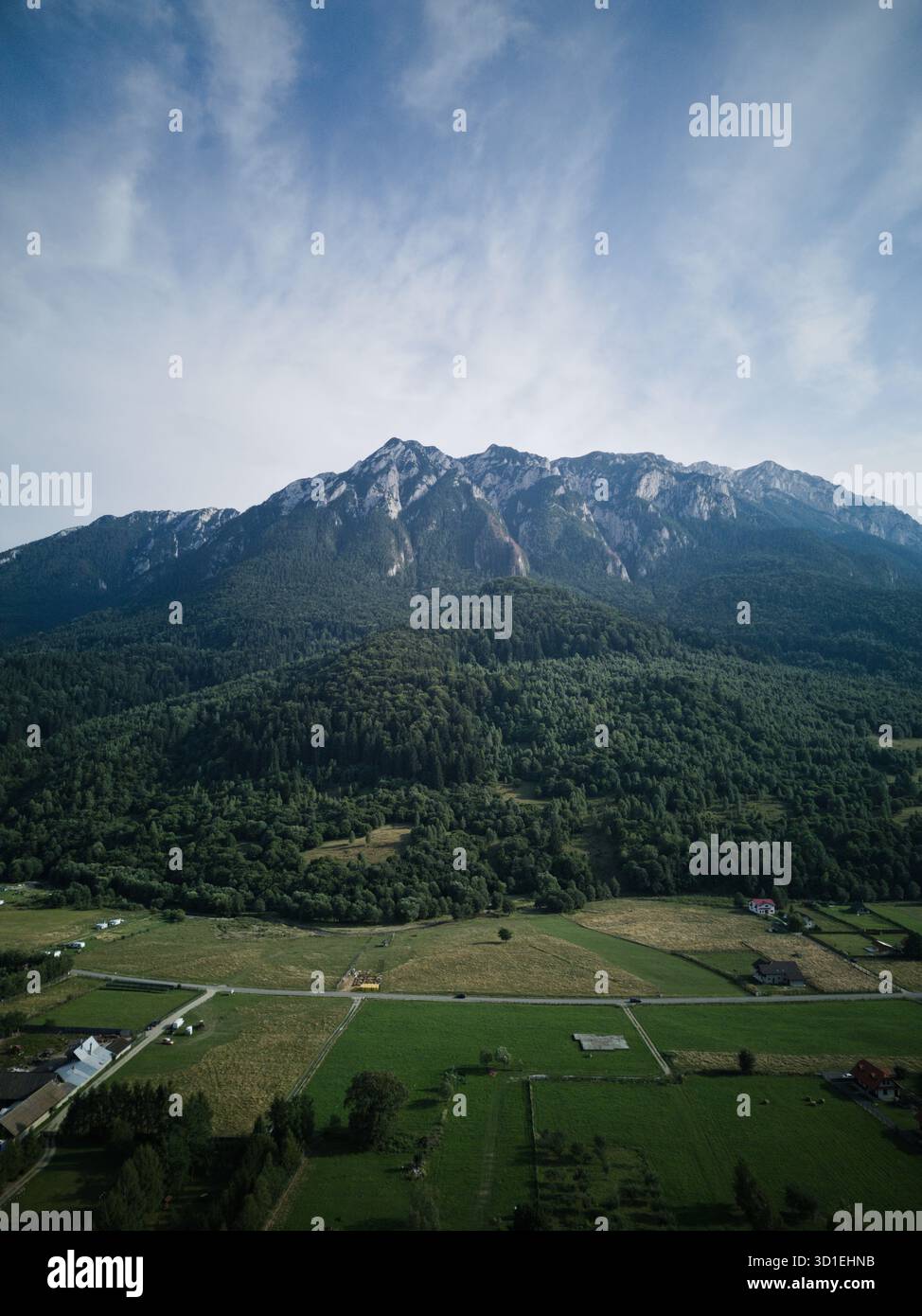 Vue aérienne des majestueuses montagnes de Piatra Craiului s'élevant au-dessus des forêts luxuriantes et des champs verdoyants, une symphonie de vert contre le ciel Azur, Zăr Banque D'Images