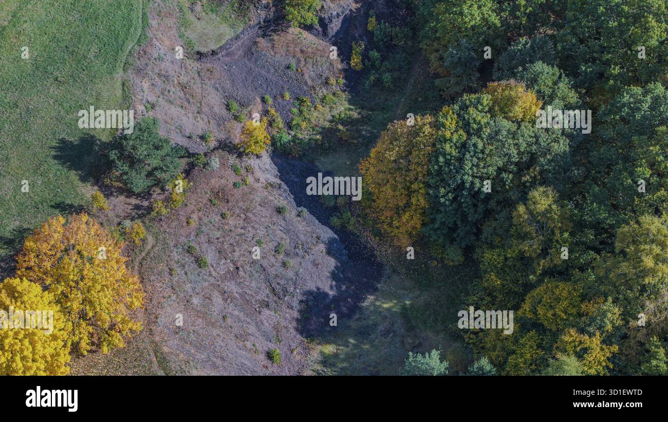 Des feuilles d'automne colorées entourent un volcan éteint. Le paysage montre des couleurs vives et une atmosphère extérieure paisible. Parfait pour une promenade. zelez Banque D'Images