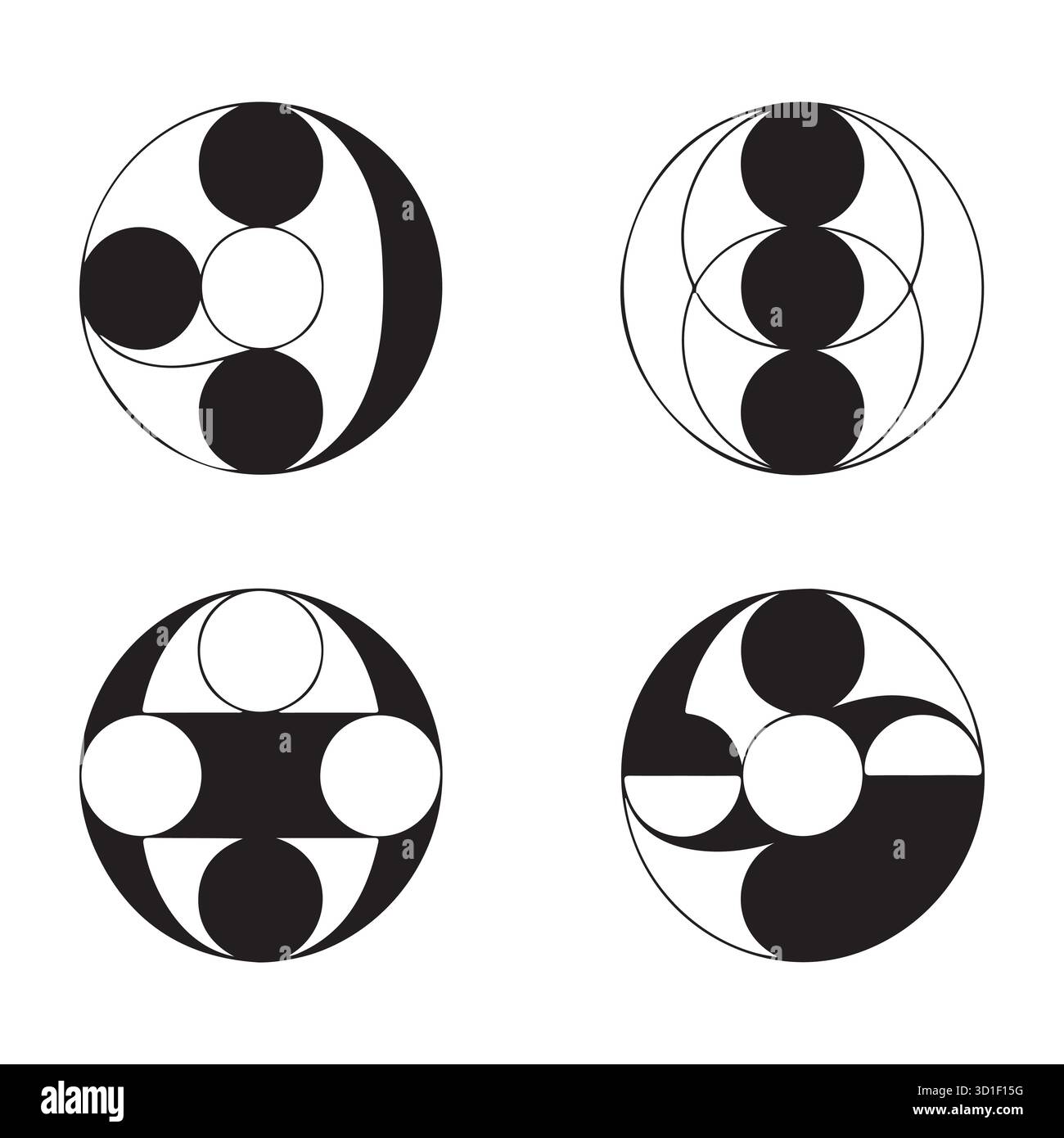 Ensemble d'icônes de cercle géométrique abstrait - vectoriel noir et blanc concentriques et chevauchants Illustration de Vecteur