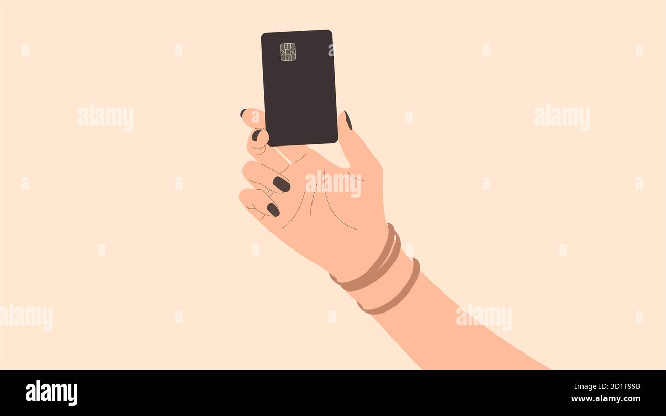 Une main avec un vernis à ongles noir tient une carte noire verticalement, avec une puce d'argent, indiquant une carte de crédit ou de débit. Illustration de Vecteur