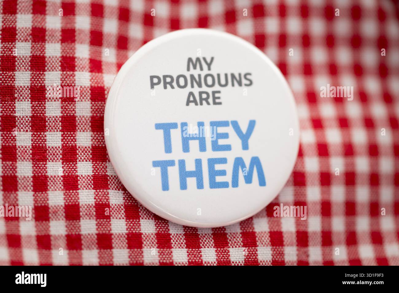 Un badge portant les mots « My pronoms are They » est porté sur l'uniforme scolaire d'un enfant Vichy rouge et blanc Banque D'Images