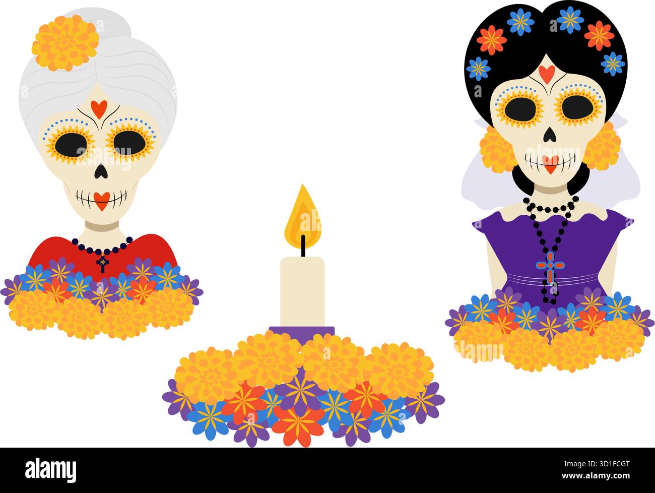 Crânes de femmes âgées et plus jeunes et bougie brûlante le jour de l'autel de Marigold de la conception de Dead Flat. Illustration vectorielle isolée jour des morts contenu lié cartes de voeux thématiques Sticker Set d'icônes Illustration de Vecteur