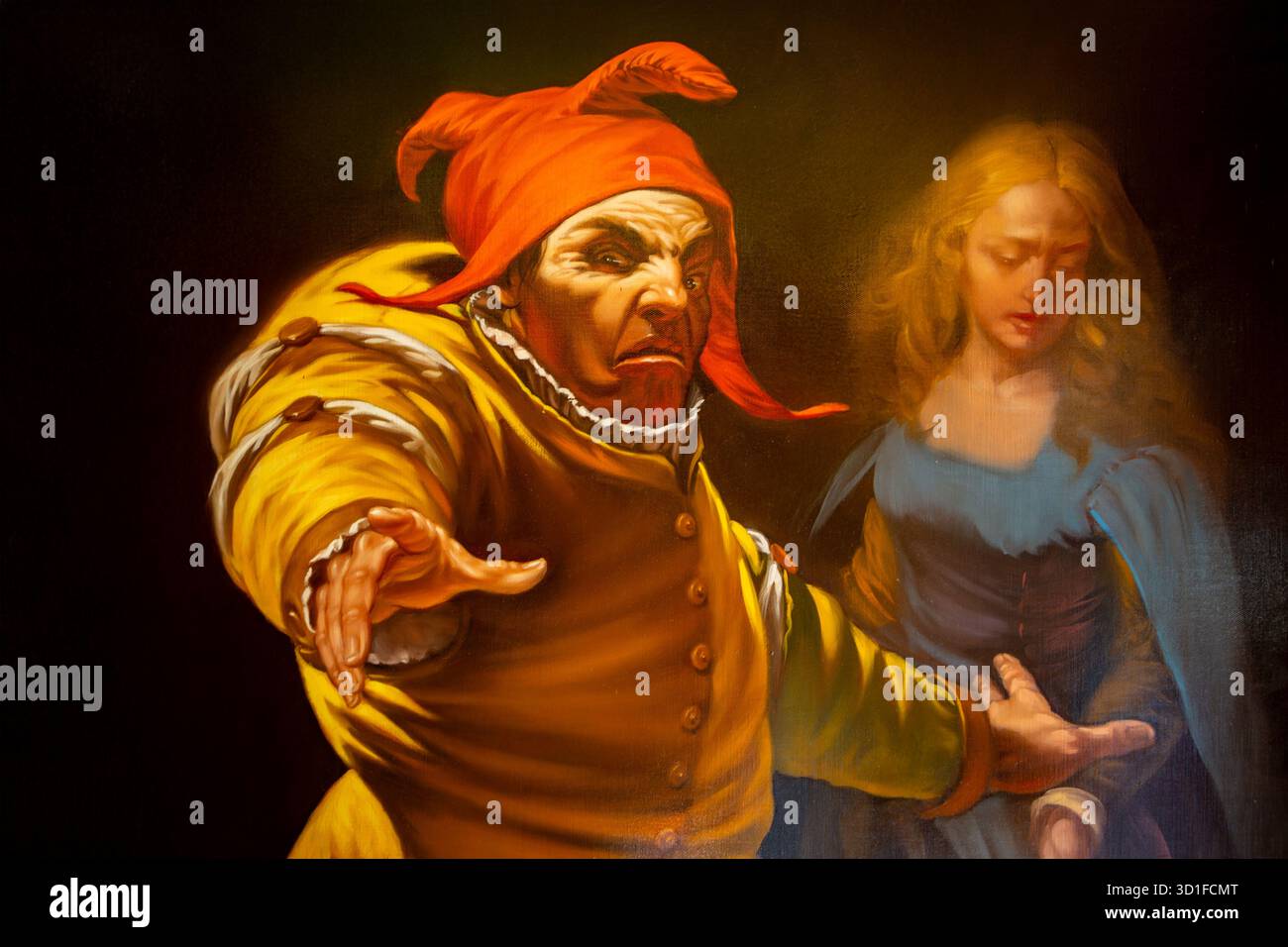Puissante œuvre d'art de la Renaissance montrant bouffon défendant une femme tristement dans des couleurs vibrantes avec une expression émotionnelle et un éclairage dramatique fort. Banque D'Images
