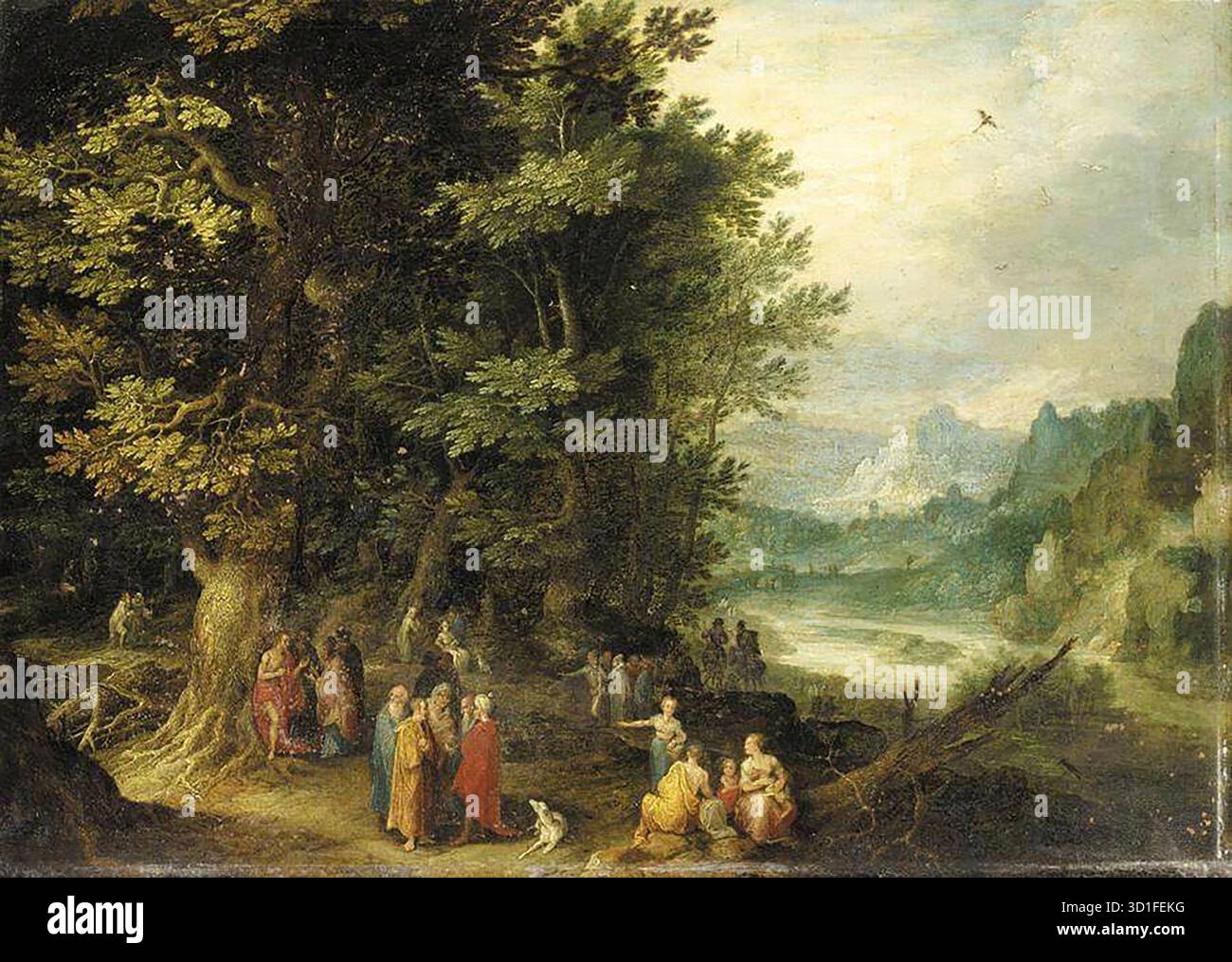 BRUEGHEL, Jan l'ancien (né vers 1568, Bruxelles, d. 1625, Anvers) Saint Jean prêchant dans la nature sauvage c. 1600 huile sur cuivre, 26 x 35 cm Collection privée le sujet de cette peinture avait été traité par le père de Jan, Pieter Breugel l'ancien, dans une peinture maintenant à Budapest. --- mots-clés : ------------- Auteur : BRUEGHEL, Jan The Elder titre : St John Preaching in the Wilderness chronologie : 1551-1600 École : Flamand forme : peinture type : religieux Banque D'Images
