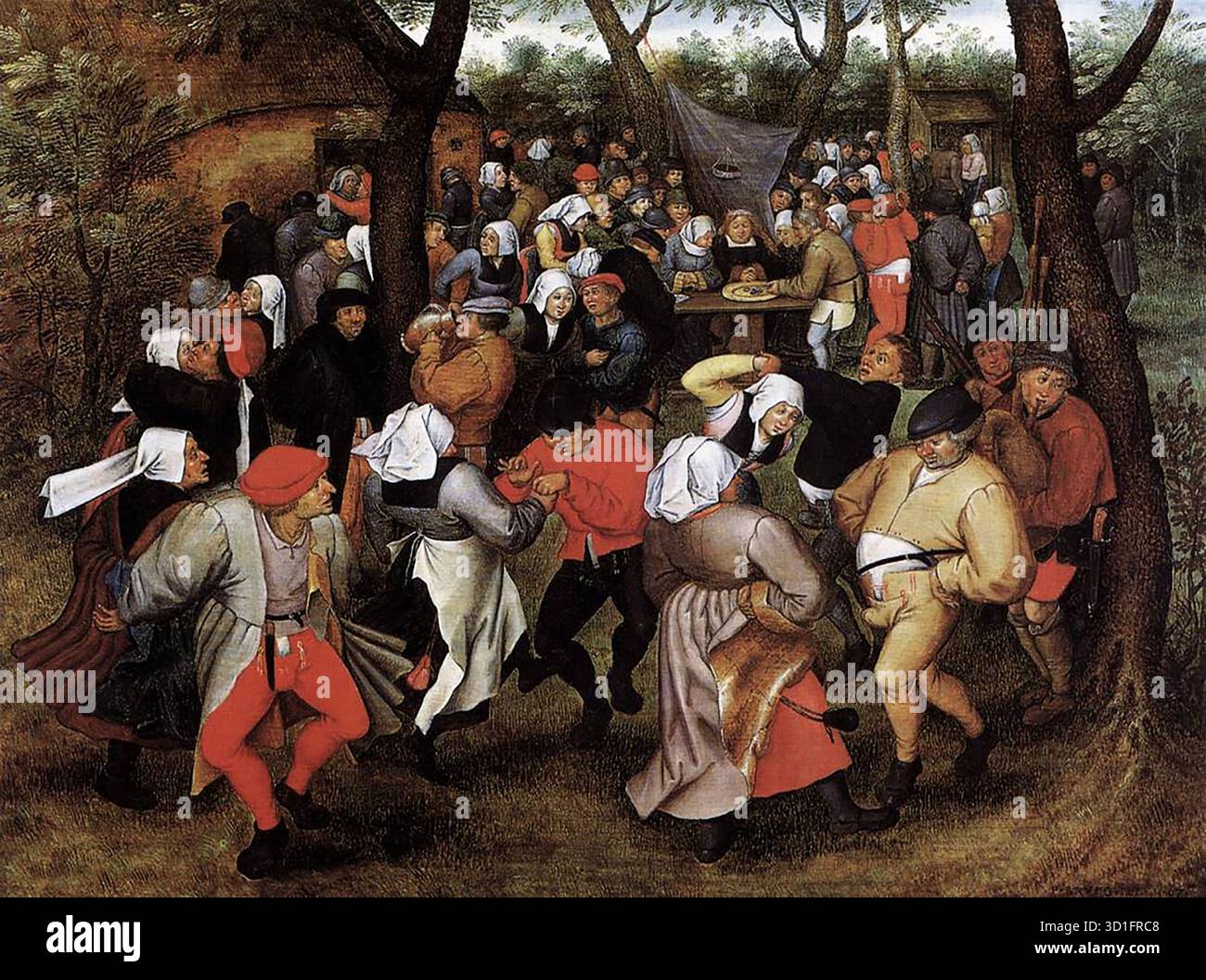 BRUEGHEL, Pieter le jeune (né en 1564, Bruxelles, décédé en 1638, Anvers) Peasant Wedding Dance 1607 huile sur panneau Mus?es Royaux des Beaux-Arts, Bruxelles le fils a produit une variation sur un thème de son père, et une comparaison des deux œuvres met en lumière la vision particulière du Bruegel plus âgé. Le travail du père révèle une foule agitée de personnes, de vitalité, de violence potentielle, avec des figures qui semblent éclater hors du cadre. Celui du fils affiche des visages idéalisés et des regroupements clairs, tandis que les festivités plutôt inoffensives sont tenues en échec par l'absence de personnages dans l'ARE Banque D'Images