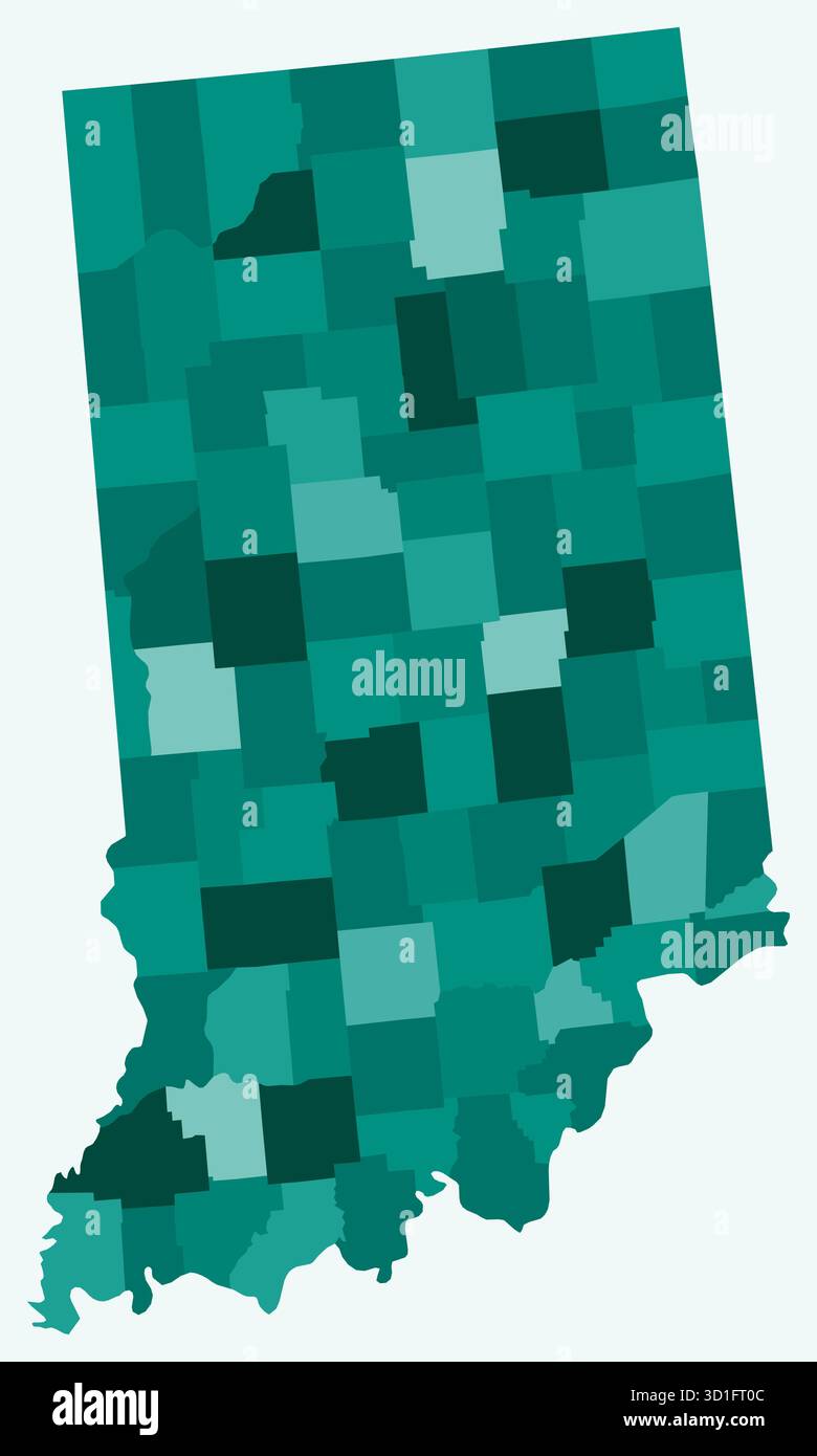 Carte de l'Indiana avec les comtés. Une carte frontalière simple avec les divisions du comté. Palette de couleurs sarcelle. Illustration de Vecteur