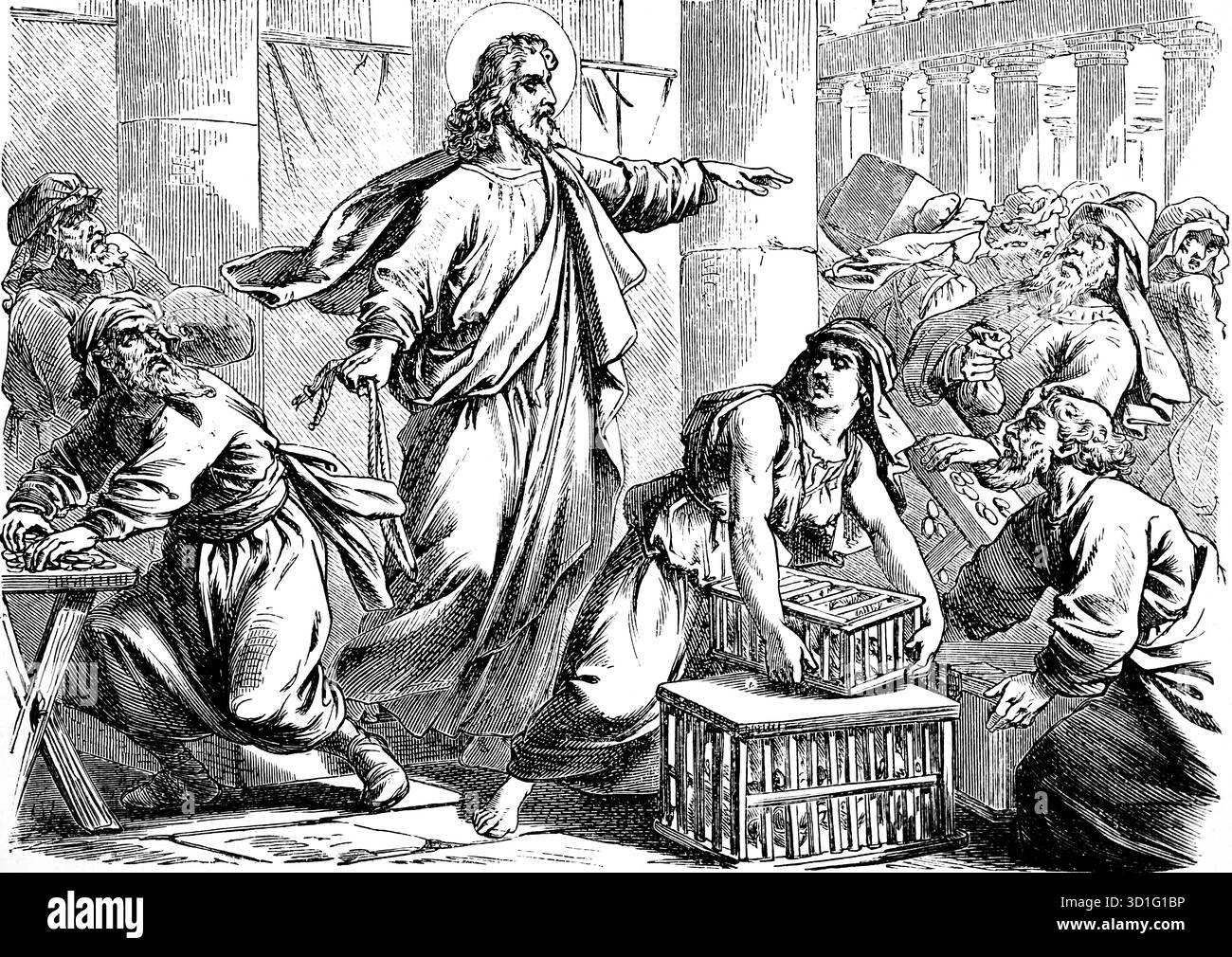 Jésus chasse les acheteurs et les vendeurs du temple de Jérusalem, Evangile de Marc, chapitre 12, fosse du meurtre, commerce, faiseur d'argent, colombes, cage, horreur, wonde Banque D'Images