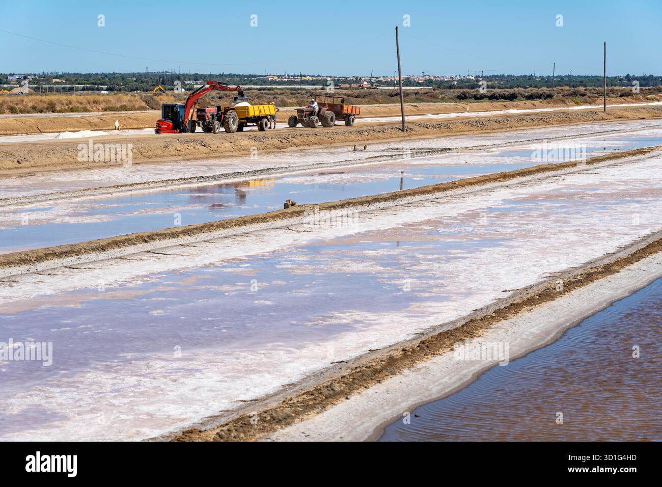 Production de sel sur la côte de l'Algarve au Portugal, 95 pour cent du sel marin portugais est produit ici, les salines près de Tavira, Banque D'Images