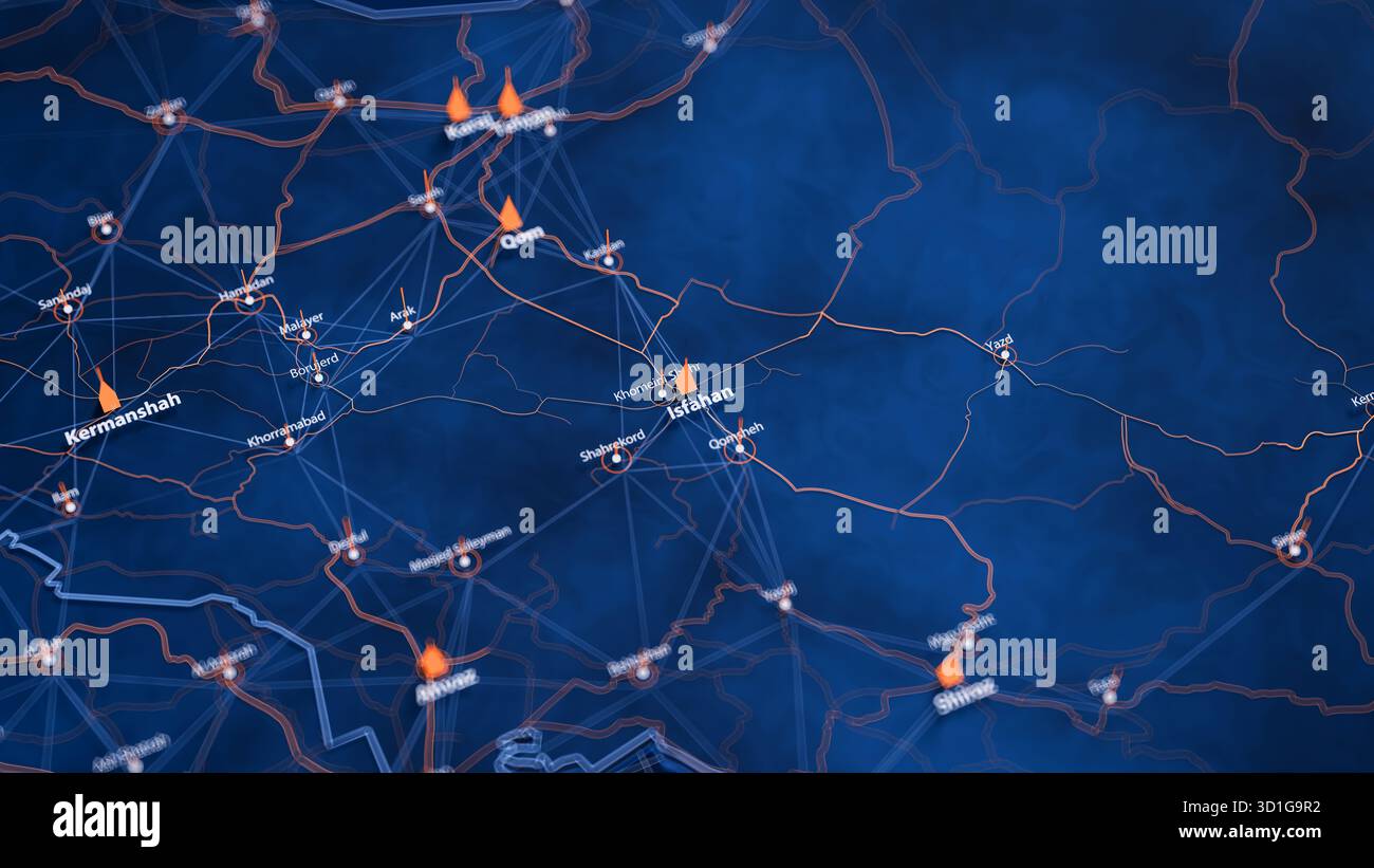 Visualisation de Big Data cartographique d'Ispahan. Infographie de carte futuriste de la ville en Iran. Complexité visuelle des données cartographiques dans les couleurs modernes bleu et orange Banque D'Images