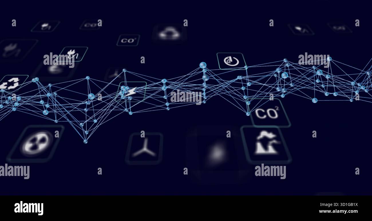 Affichage du réseau maillé 3D connectant les nœuds bleus dans le paysage numérique avec ico de l'énergie ou de l'environnement Banque D'Images