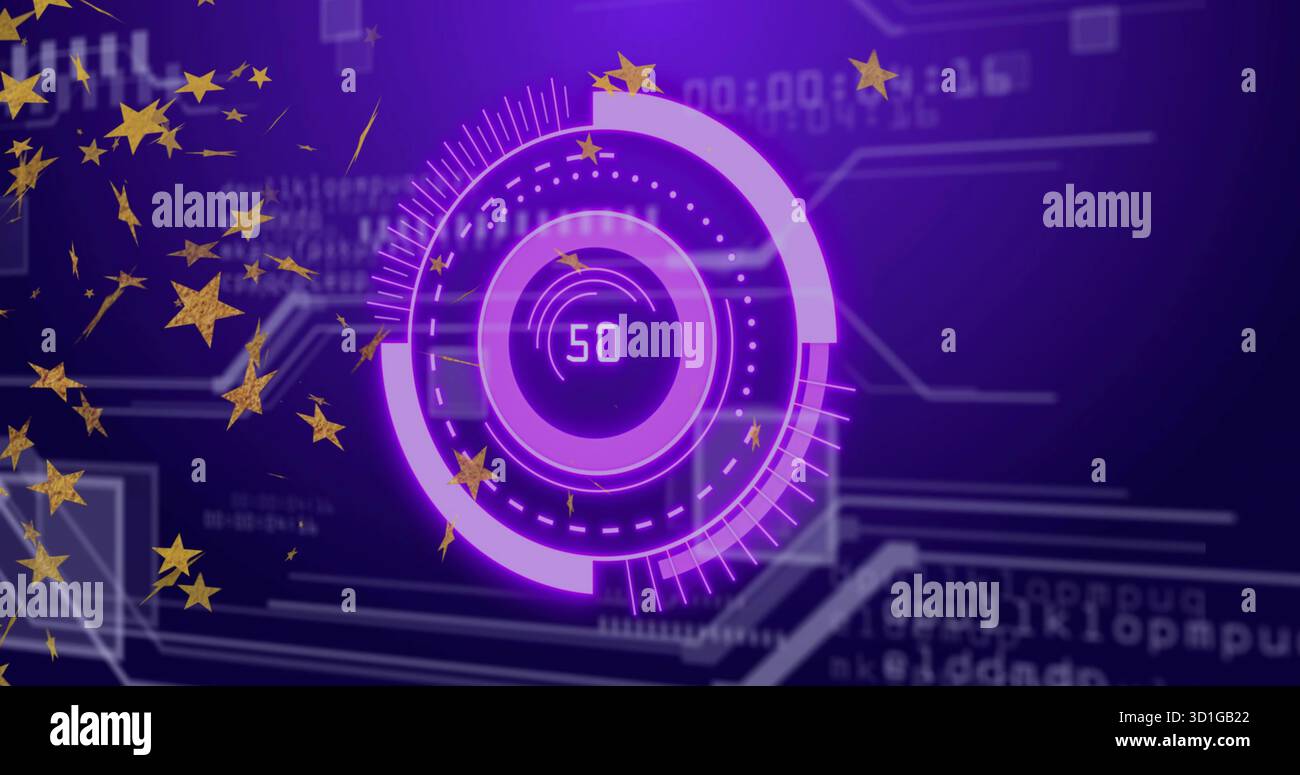 Affichage jauge à anneau violet montrant le numéro 50 sur l'écran numérique, avec des lignes de code et des étoiles d'or Banque D'Images