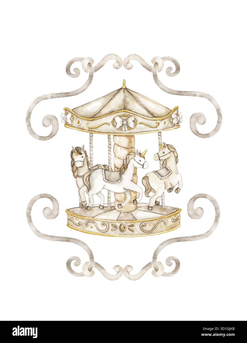 Illustration aquarelle avec cadre doré orné, décoré de chevaux de carrousel et d'arcs. Conçu pour monogramme, invitation de douche de bébé, affiche de pépinière Banque D'Images