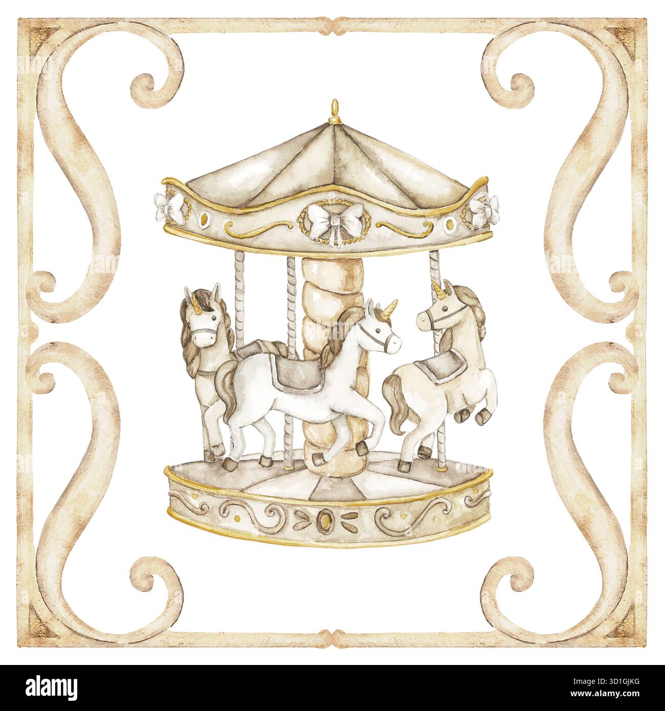 Tuile aquarelle avec carrousel et chevaux dans un cadre tourbillonnant doré. Parfait pour le mur de pépinière ou affiche, invitation d'anniversaire, scrapbook, carte de voeux, par Banque D'Images
