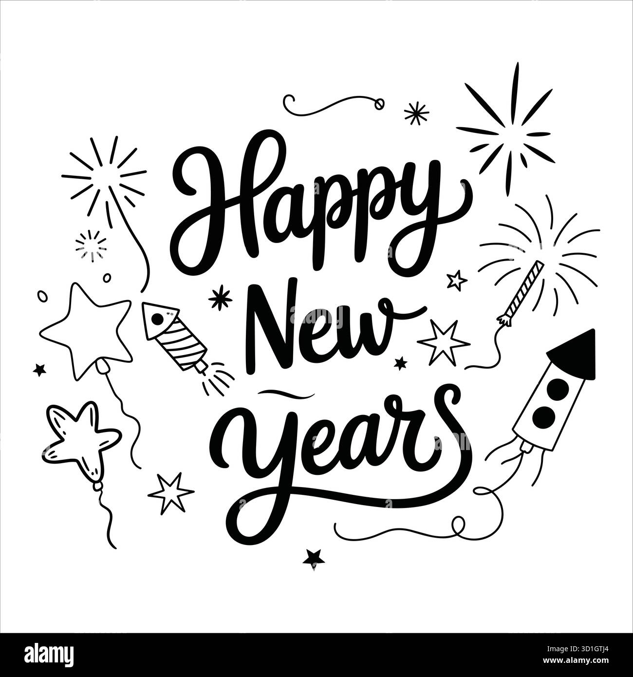 Typographie du nouvel an dessinée à la main avec feux d'artifice et confettis Illustration de Vecteur