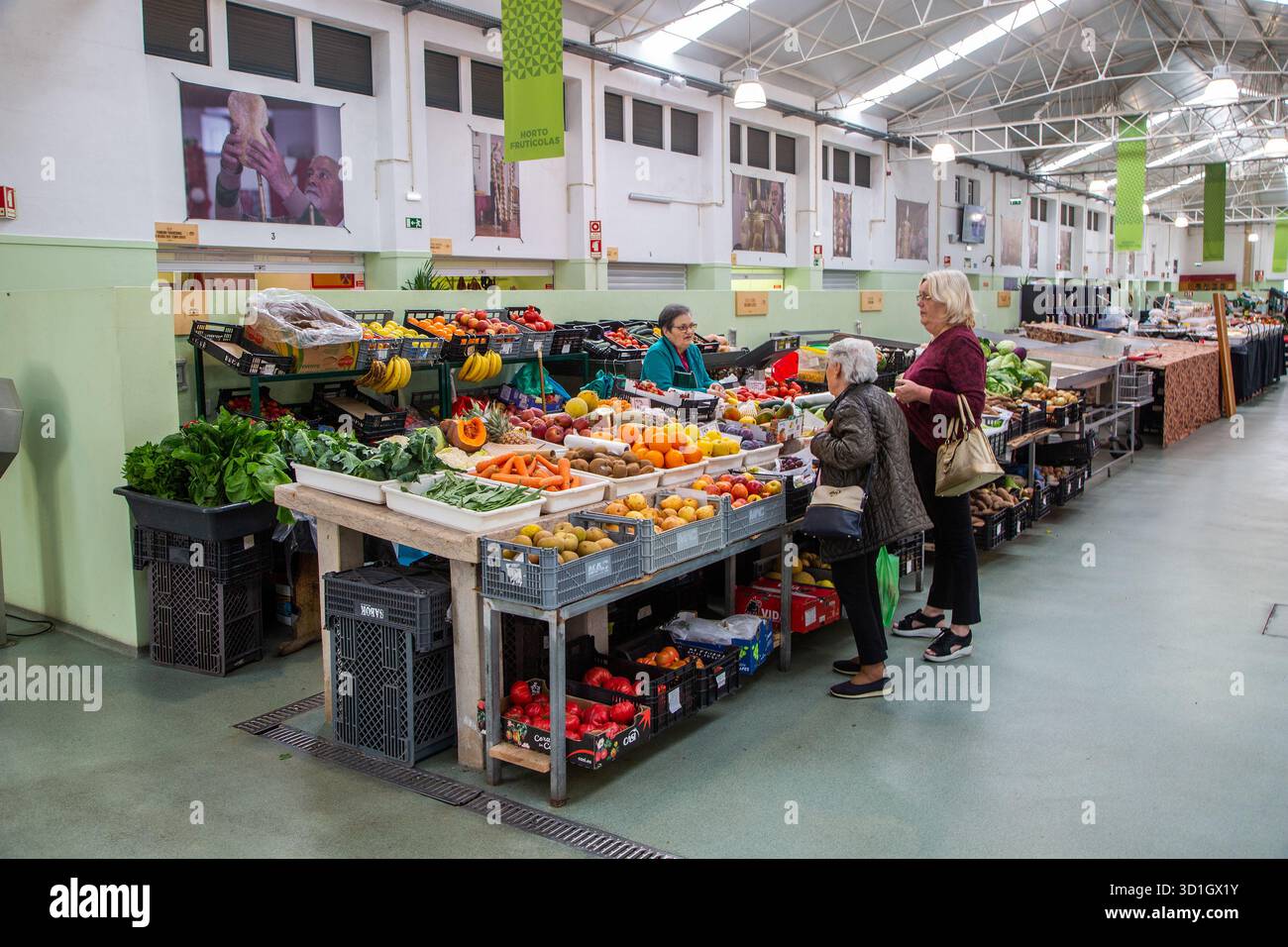 Les gens qui achètent des fruits et légumes à un étal dans le marché couvert de la ville portugaise de Tomar Portugal Banque D'Images