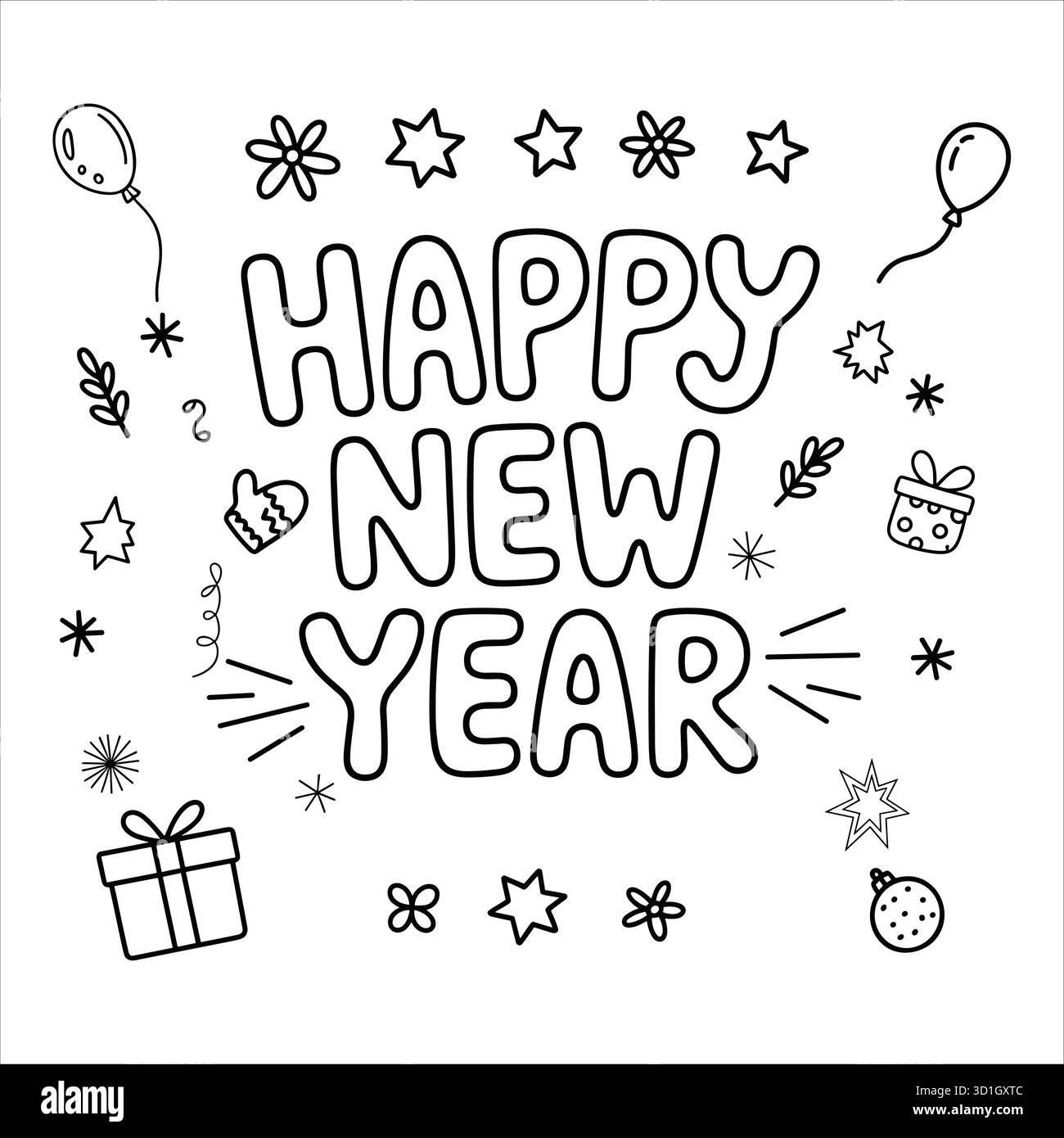 Ligne festive dessinée à la main Happy New Year Line Art avec ballons et cadeaux Illustration de Vecteur