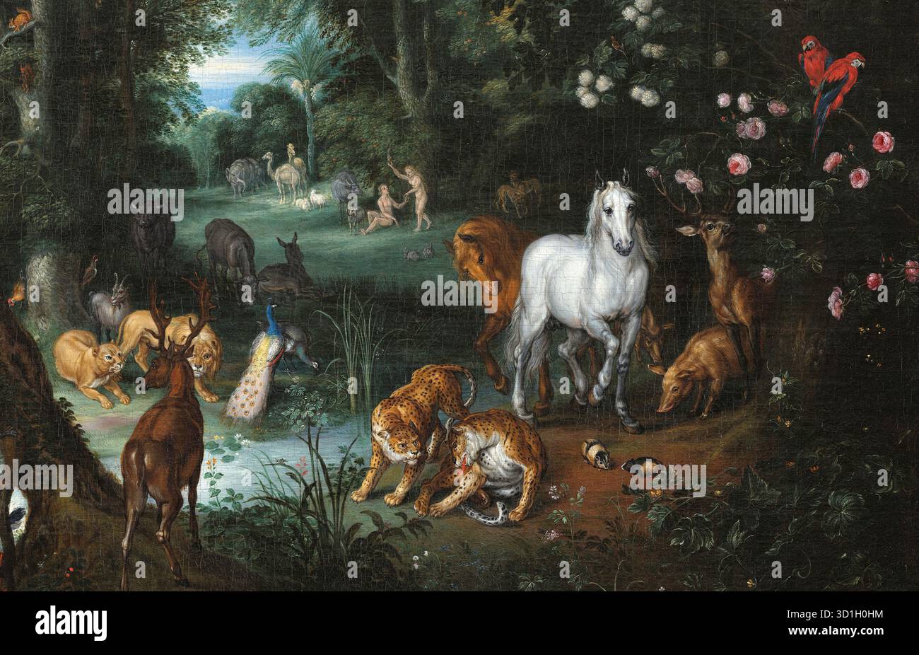 Le jardin d'Éden (détail) c. 1655-1661 peinture de l'artiste flamand Izaak van Oosten (1613-1661) montrant un paradis idyllique et luxuriant grouillant de plus de 100 oiseaux et animaux exotiques, dont beaucoup portent des significations symboliques liées à la tradition chrétienne. Détail d'Adam et Eve avec des animaux. Crédit : Universal Art Archive / Musée d'Art de Tolède, Espagne Banque D'Images