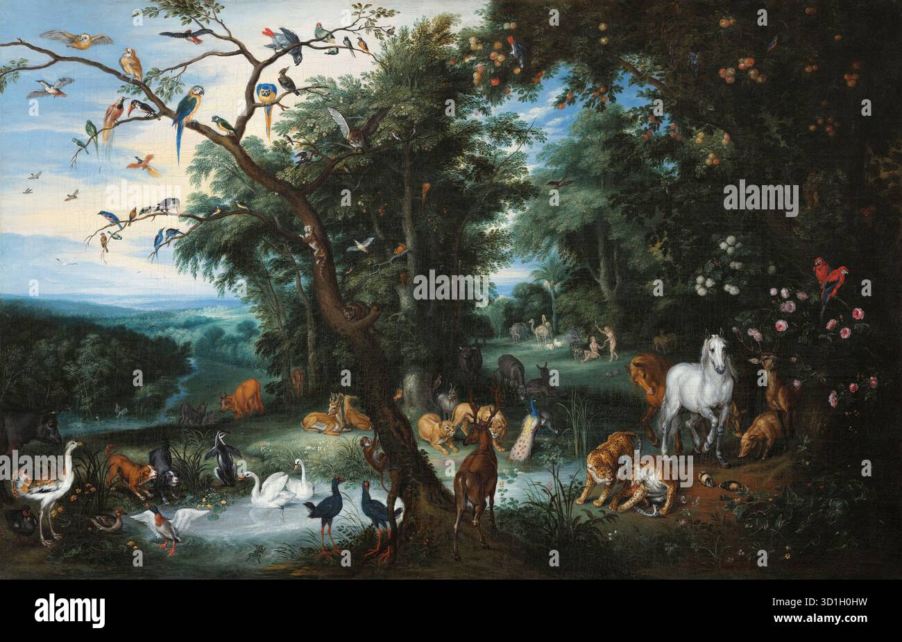 Le jardin d'Eden c. 1655-1661 peinture de l'artiste flamand Izaak van Oosten (1613-1661) montrant un paradis idyllique et luxuriant grouillant de plus de 100 oiseaux et animaux exotiques, dont beaucoup portent des significations symboliques liées à la tradition chrétienne. Crédit : Universal Art Archive / Musée d'Art de Tolède, Espagne Banque D'Images
