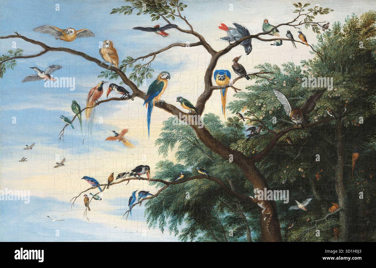 Le jardin d'Éden (détail) c. 1655-1661 peinture de l'artiste flamand Izaak van Oosten (1613-1661) montrant un paradis idyllique et luxuriant grouillant de plus de 100 oiseaux et animaux exotiques, dont beaucoup portent des significations symboliques liées à la tradition chrétienne. Détail des oiseaux. Crédit : Universal Art Archive / Musée d'Art de Tolède, Espagne Banque D'Images