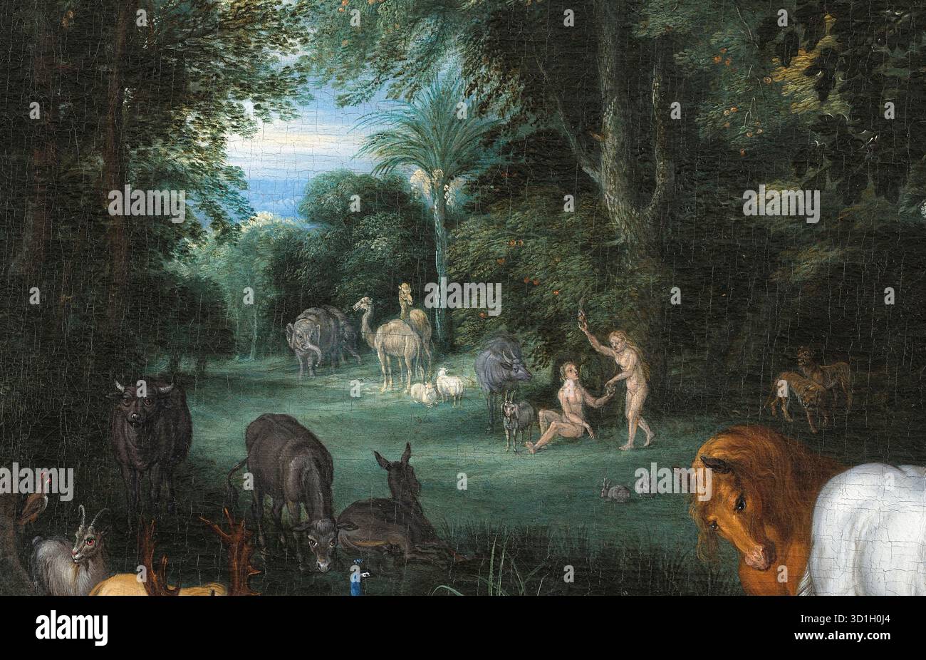 Le jardin d'Éden (détail) c. 1655-1661 peinture de l'artiste flamand Izaak van Oosten (1613-1661) montrant un paradis idyllique et luxuriant grouillant de plus de 100 oiseaux et animaux exotiques, dont beaucoup portent des significations symboliques liées à la tradition chrétienne. Détail d'Adam et Eve. Crédit : Universal Art Archive / Musée d'Art de Tolède, Espagne Banque D'Images