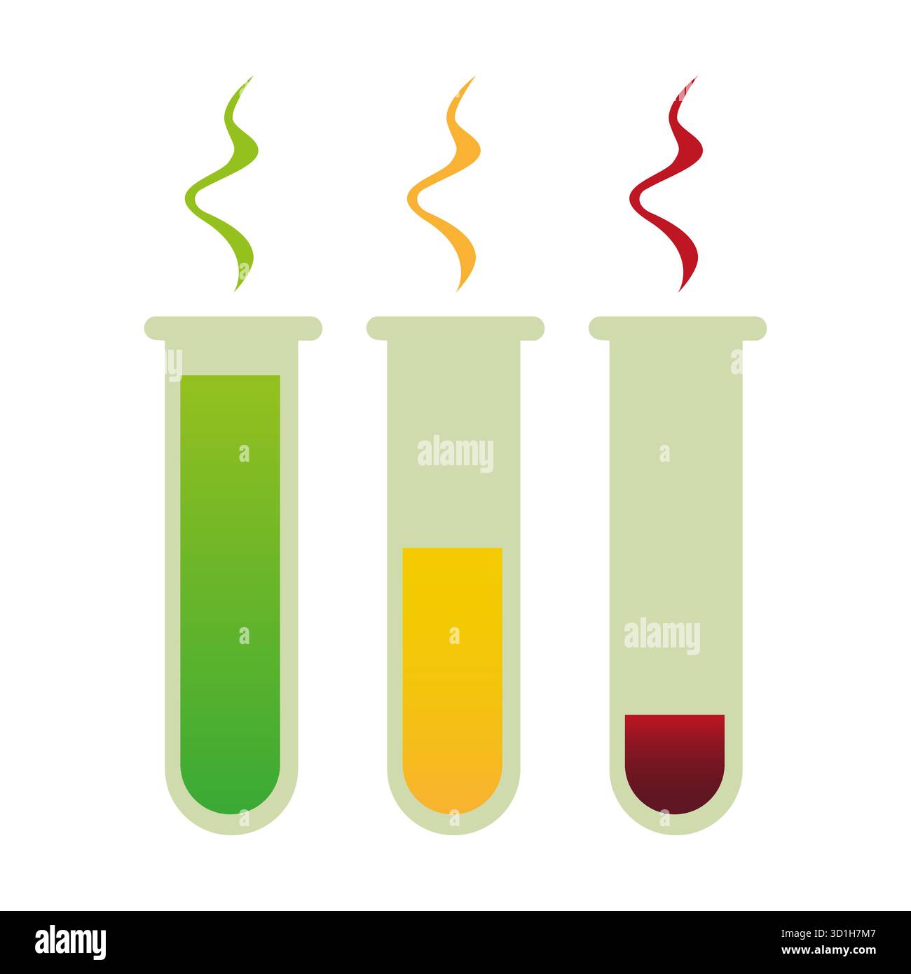 Trois tubes à essai. Vapeurs chimiques colorées. Ensemble d'expériences scientifiques. Présentoir de recherche en laboratoire. Illustration de Vecteur