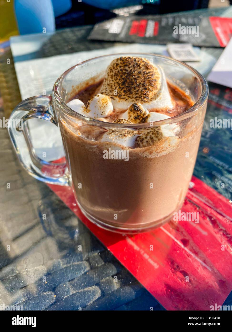 Tasse de chocolat chaud avec guimauves grillées dans une tasse en verre, verticale Banque D'Images