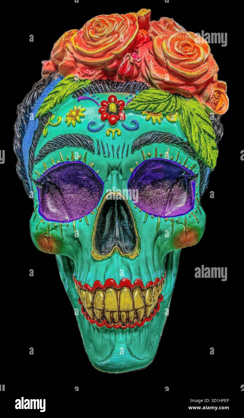 Découpe d'un orné, Day of the Dead, style mexicain Calavera de Azucar, Sugar Skull, exposé à bonne bombe, 8 Queen Street, Deal, Kent, Banque D'Images