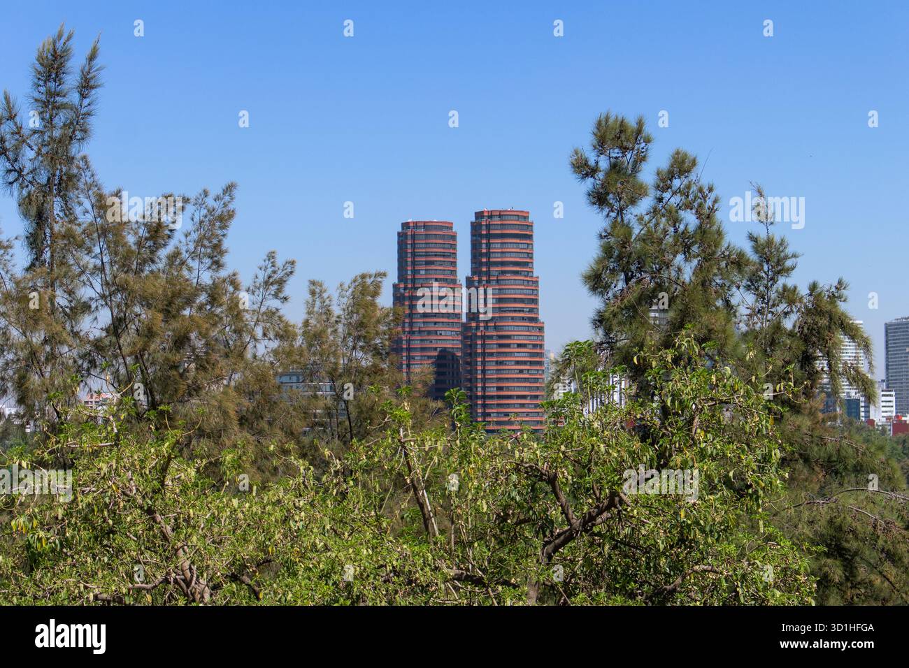 Tours jumelles rouges modernes s'élevant au-dessus de la cime des arbres verdoyants de Mexico par une journée ensoleillée, un paysage urbain de Chapultepec Park Banque D'Images