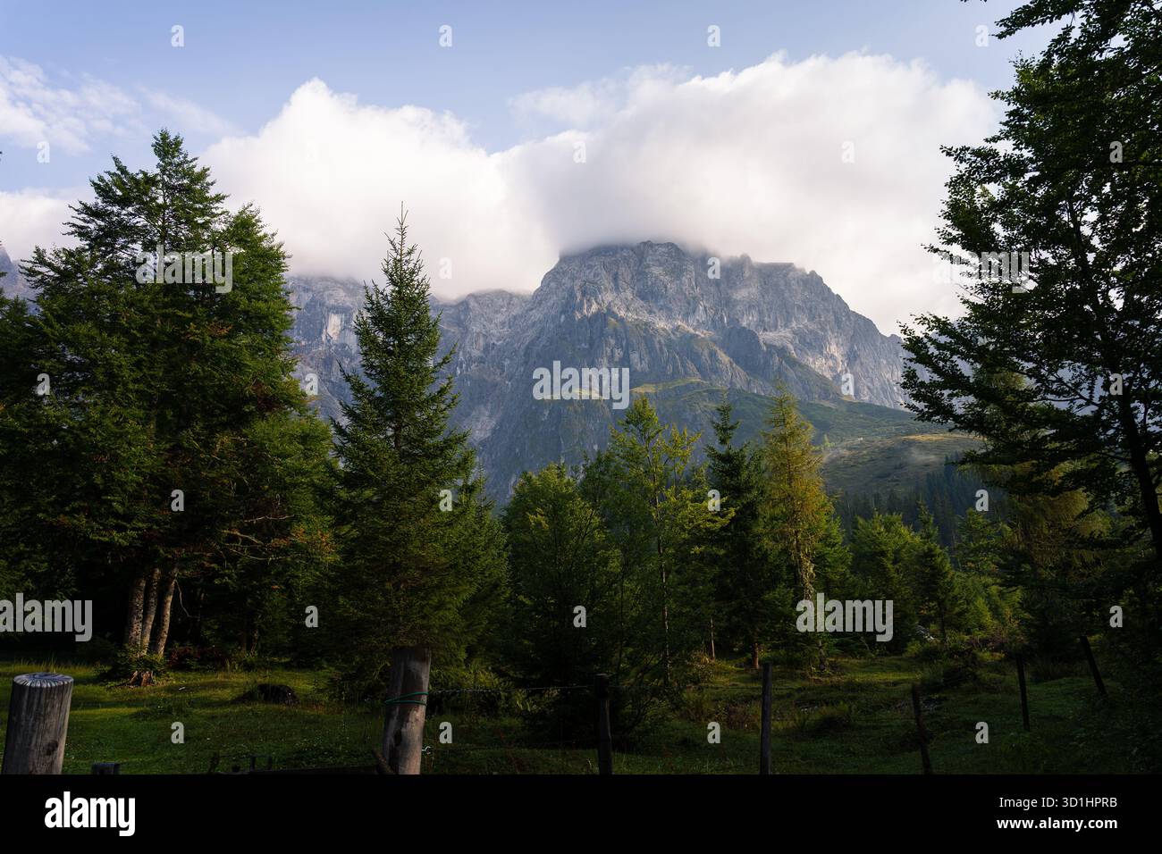 Lumière du matin sur les sommets brumeux des Alpes autrichiennes Banque D'Images