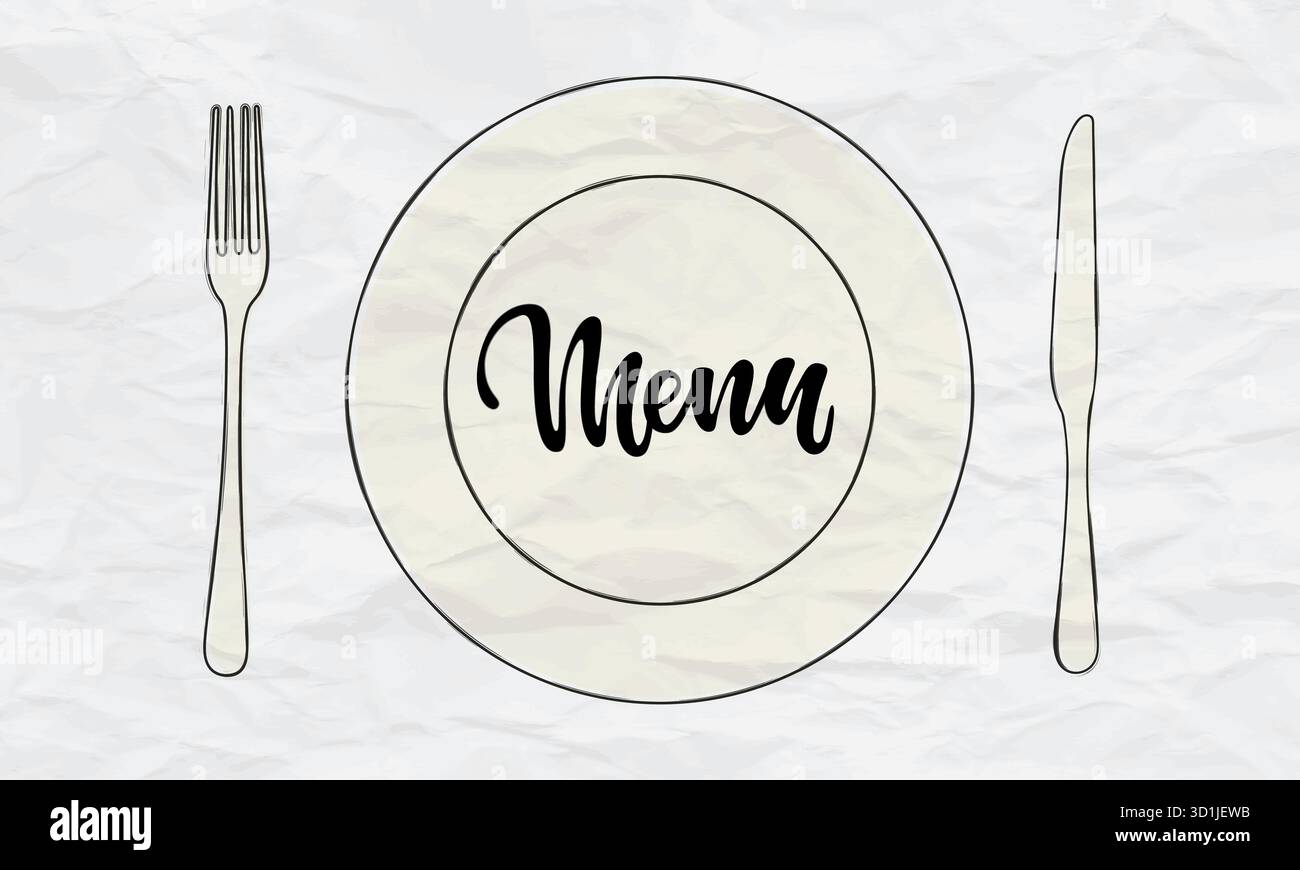 Couteau de coutellerie, fourchette, icônes de doodle vecteur de plaque avec menu de mots de lettrage. Conception pour menu restaurant et café. Couverts de cuisine, menu restaurant Illustration de Vecteur