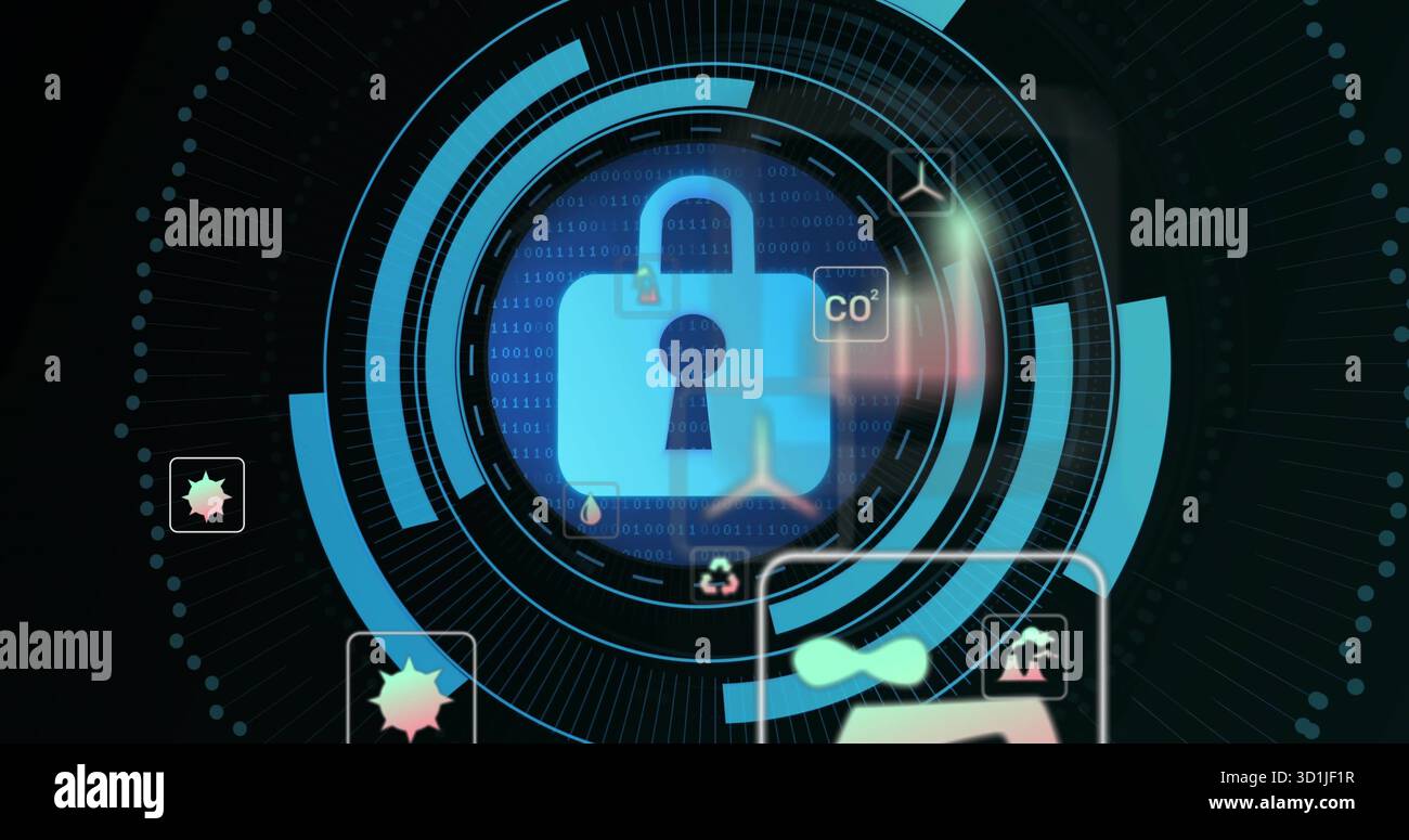 Cadenas lumineux flottant dans l'interface utilisateur, avec code binaire, CO ?, recyclage, gouttelettes, starburst, icônes de graphique Banque D'Images