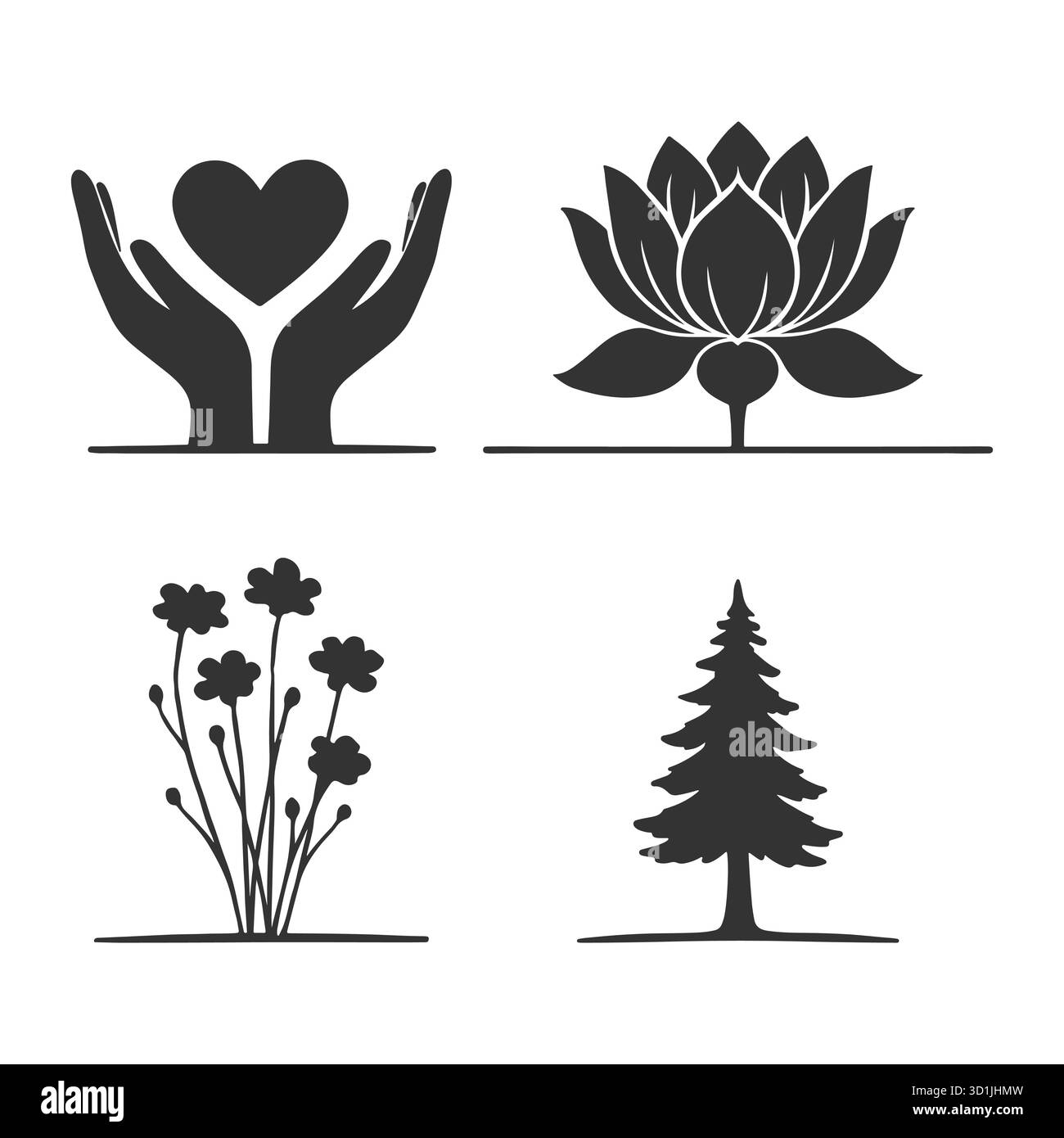 Ensemble d'icônes nature et bien-être Silhouette – mains tenant coeur, fleur de Lotus, grappe de fleurs et symboles de pin Illustration de Vecteur