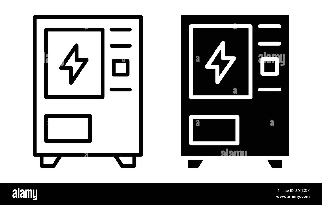 Cet ensemble présente de simples icônes en noir et blanc de distributeurs automatiques, idéales pour une utilisation dans divers projets de conception graphique, mettant en valeur le minimalisme et la modernité Illustration de Vecteur