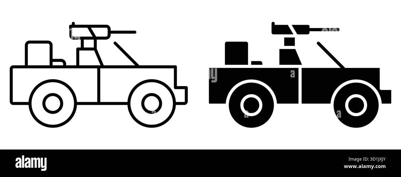 Cette image présente un contour et une illustration solide de véhicules blindés de style militaire, mettant en valeur leurs caractéristiques et armes distinctes, parfaites pour Illustration de Vecteur