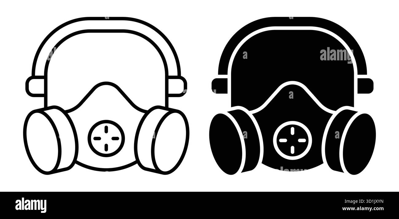 Cette image présente une illustration simple en noir et blanc de masques à gaz, soulignant leur rôle crucial dans la protection de la sécurité et de la santé dans divers envi Illustration de Vecteur