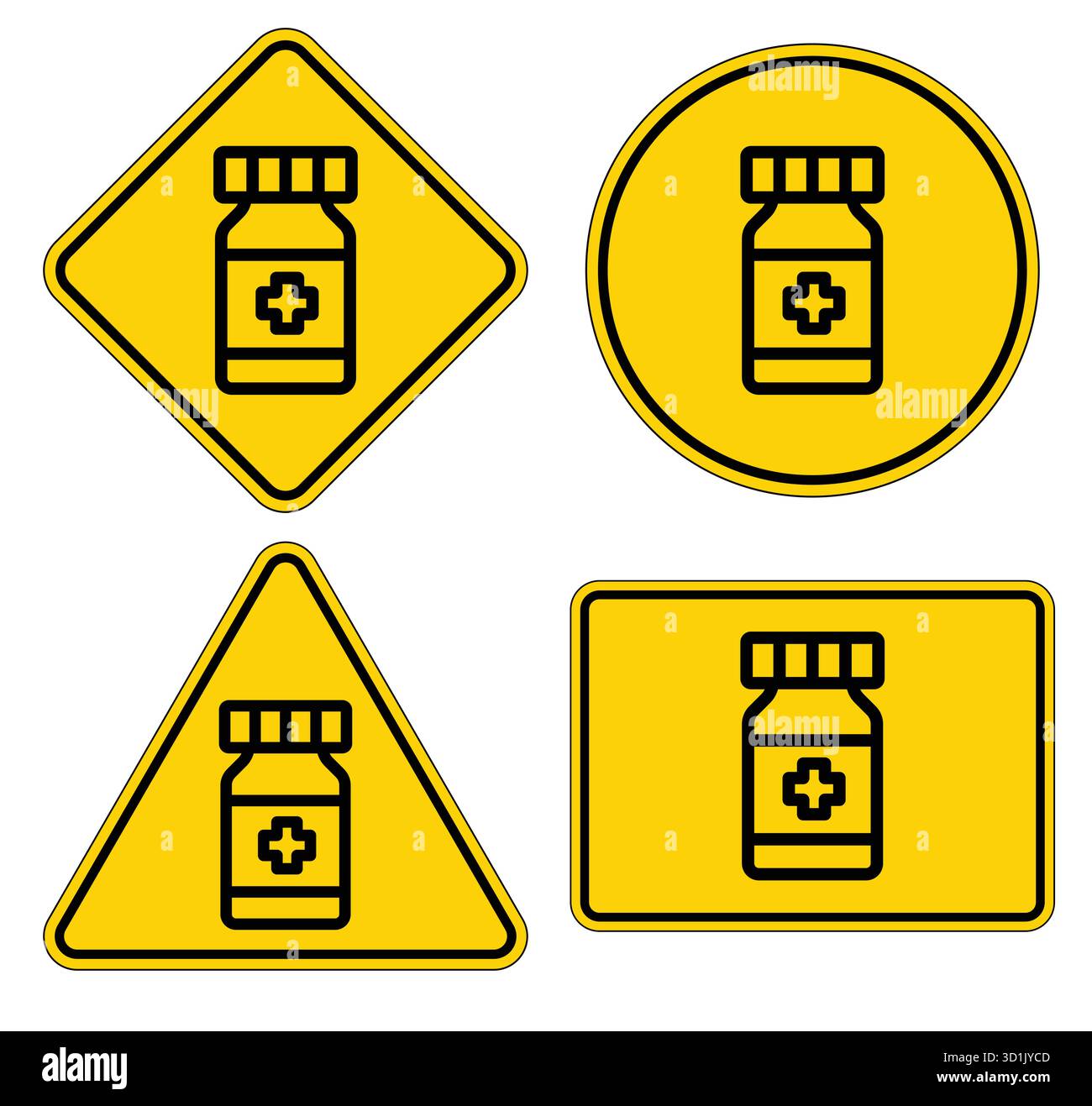 Cet ensemble présente quatre icônes médicales avec des bouteilles d'ordonnance sur fond jaune vif. Idéal pour les projets pharmaceutiques et de santé, Illustration de Vecteur