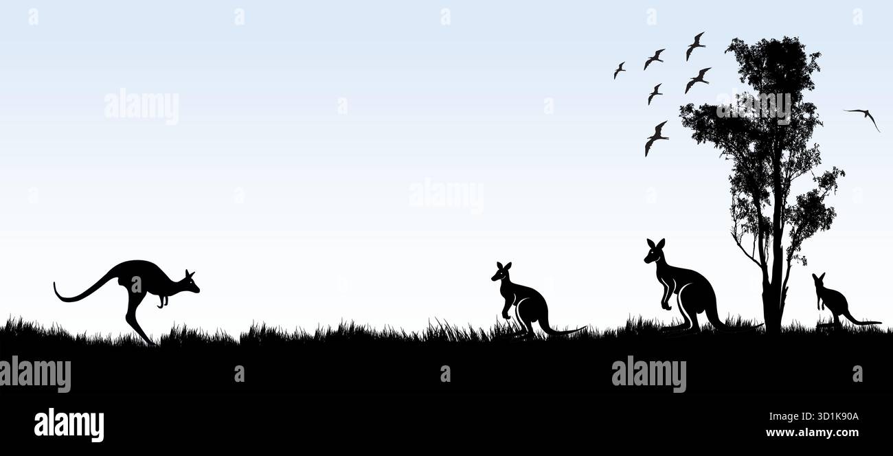 Une scène de silhouette tranquille avec des kangourous errants, un grand arbre et des oiseaux en vol à travers une plaine herbeuse sous un ciel dégradé doux Illustration de Vecteur
