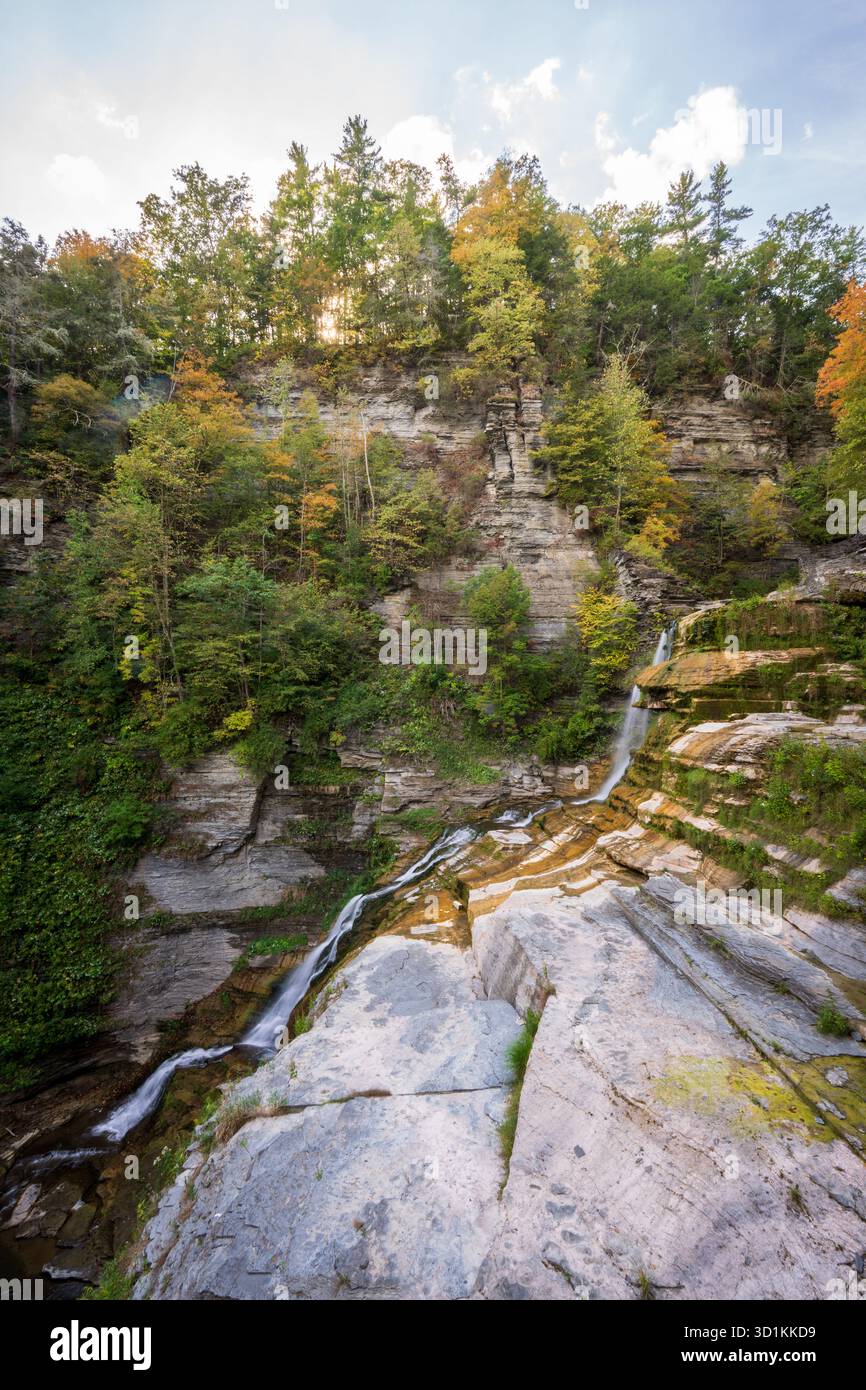 Une longue gorge en gradins montre une fine cascade sur une dalle de roche pâle, des pruches illuminées par le soleil et des arbres teintés par l'automne au parc d'État Robert H. Treman, New York. Banque D'Images
