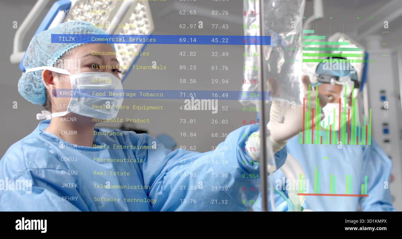 Réglage de l'infirmière asiatique manipulant la poche de soluté IV sur la tige IV dans le service, avec superposition des données financières Banque D'Images