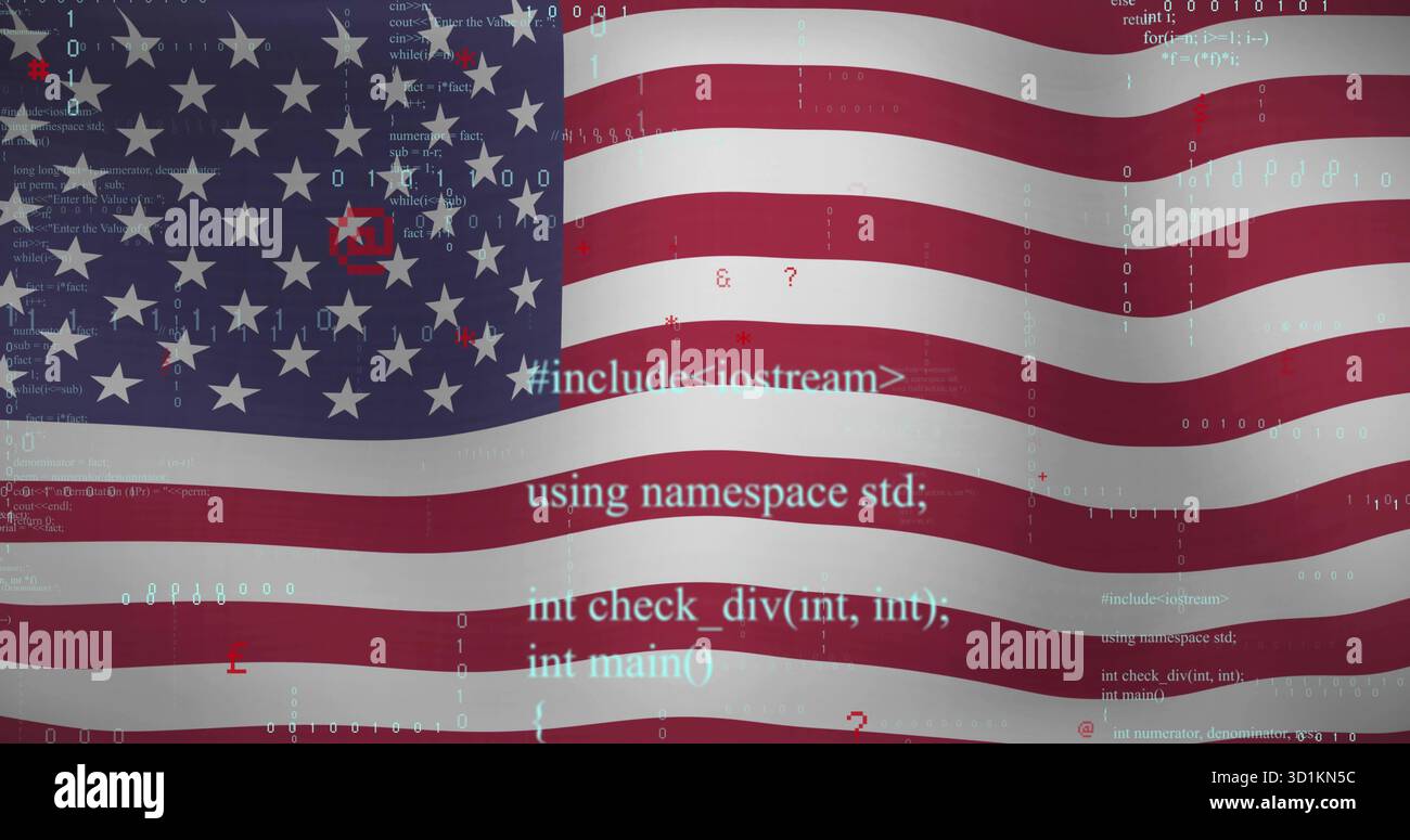 Affichage du drapeau américain ondulant dans un graphique numérique abstrait, avec code C++ flottant et chiffres binaires Banque D'Images