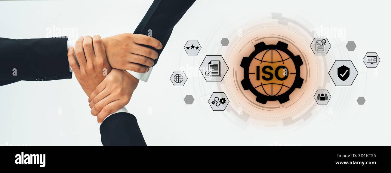 Concept de certification ISO pour la gestion de la qualité des entreprises. Cette norme internationale garantit la conformité, le contrôle des processus et l'assurance pour Banque D'Images