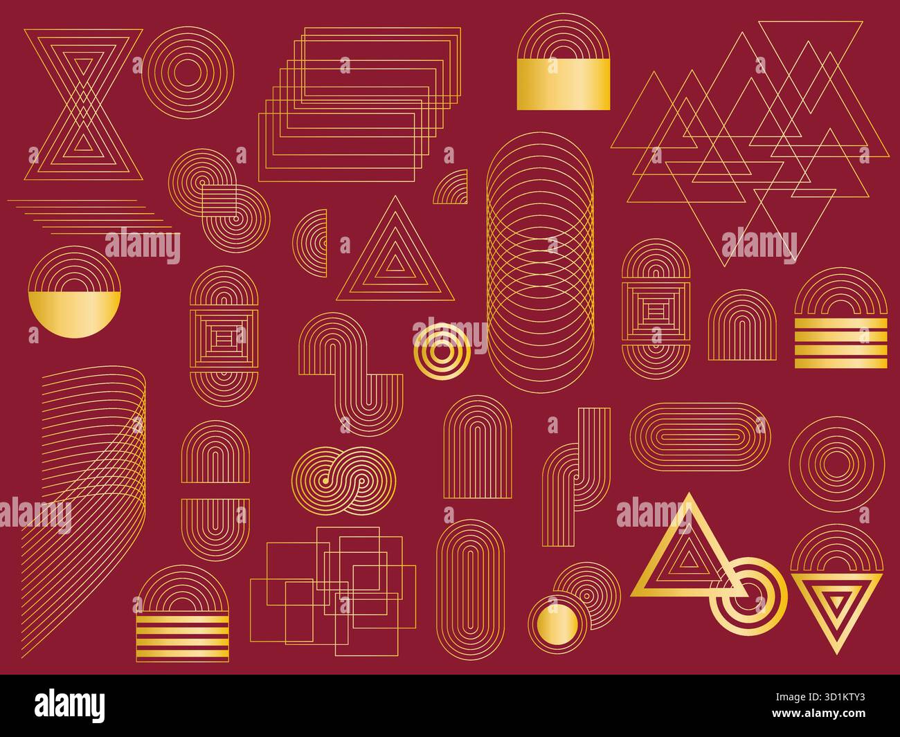 Ensemble d'éléments géométriques dorés sur fond rouge. Cercles, carrés, rectangles, triangles, leurs connexions clipsent Symboles Art déco dorés Illustration de Vecteur