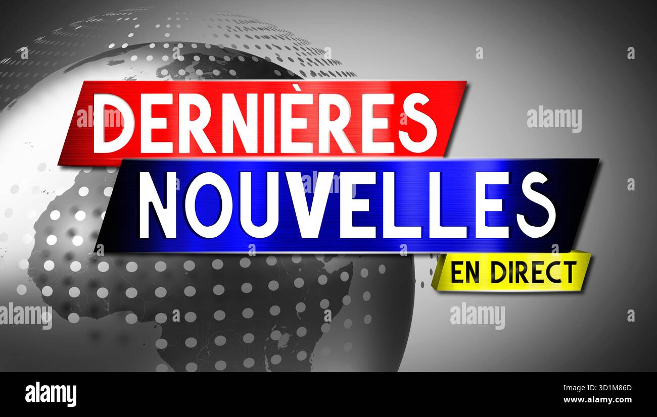 Actualités en direct en français avec carte du monde en arrière-plan - illustration 3D. Banque D'Images