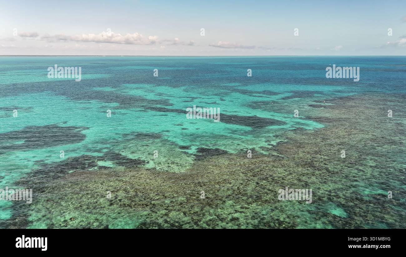 Vue aérienne des eaux turquoises claires contrastant avec les textures sombres des récifs coralliens sous la surface., Key West, Floride, États-Unis Banque D'Images